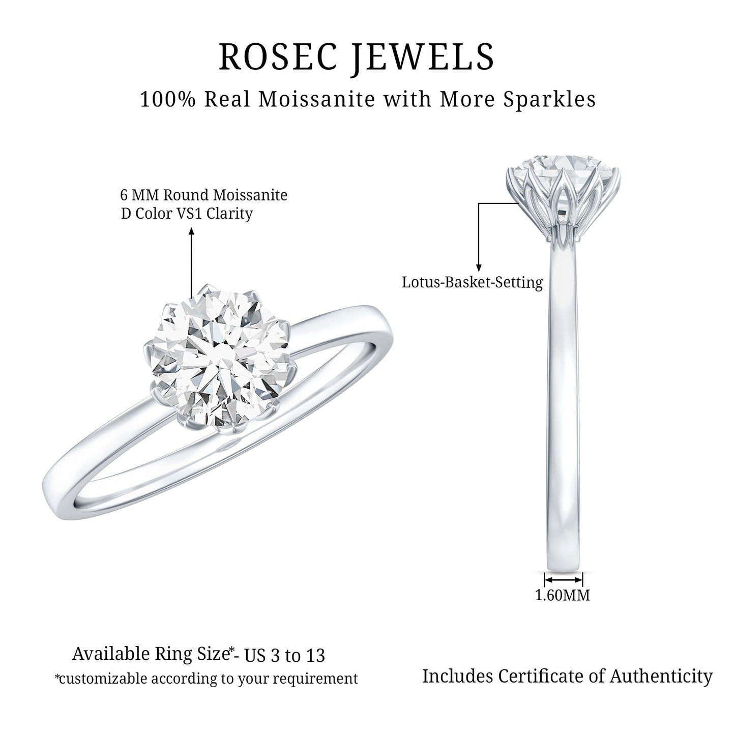 0.9 Carat Moissanite Solitaire Ring in Lotus Basket Setting