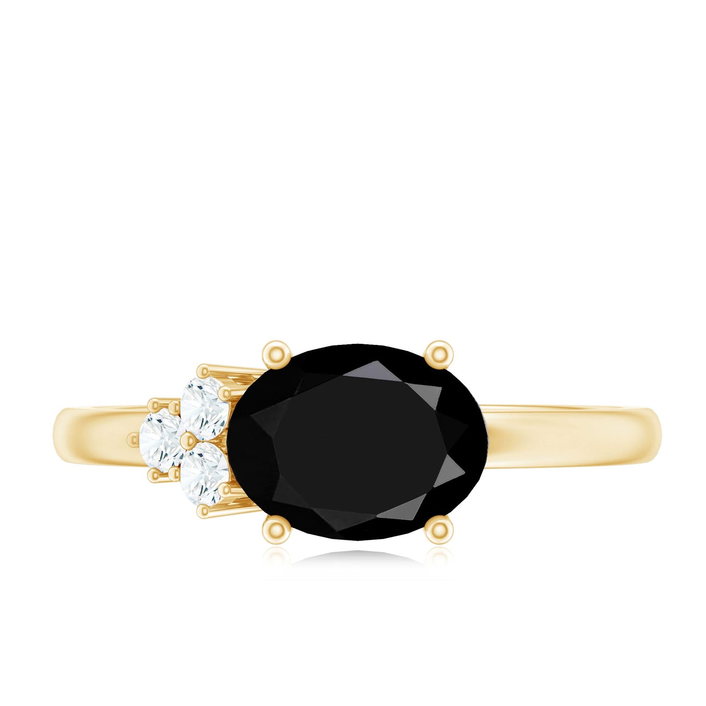 Oval Cut Created Black Diamond Minimal Ring with Diamond Trio