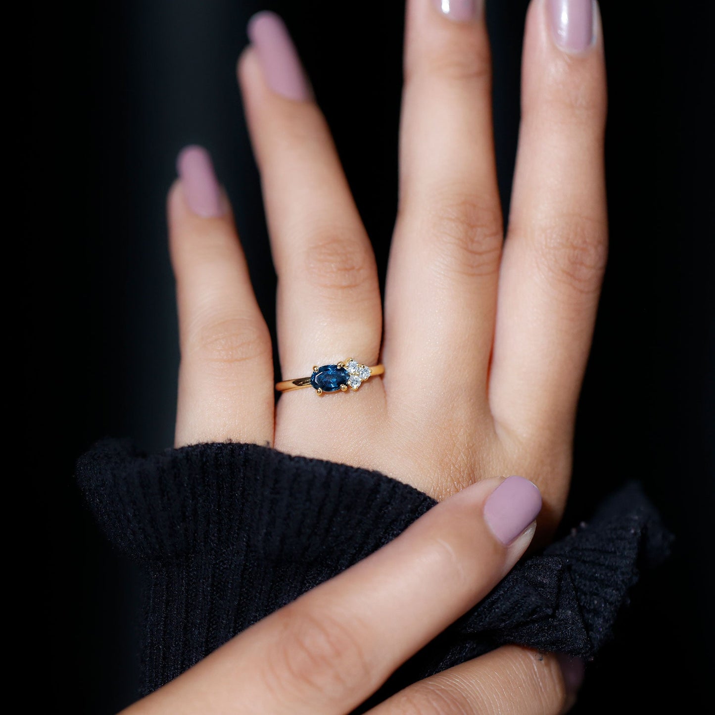 0.4 Carat Oval Cut London Blue Topaz East West Promise Ring with Diamond Trio
