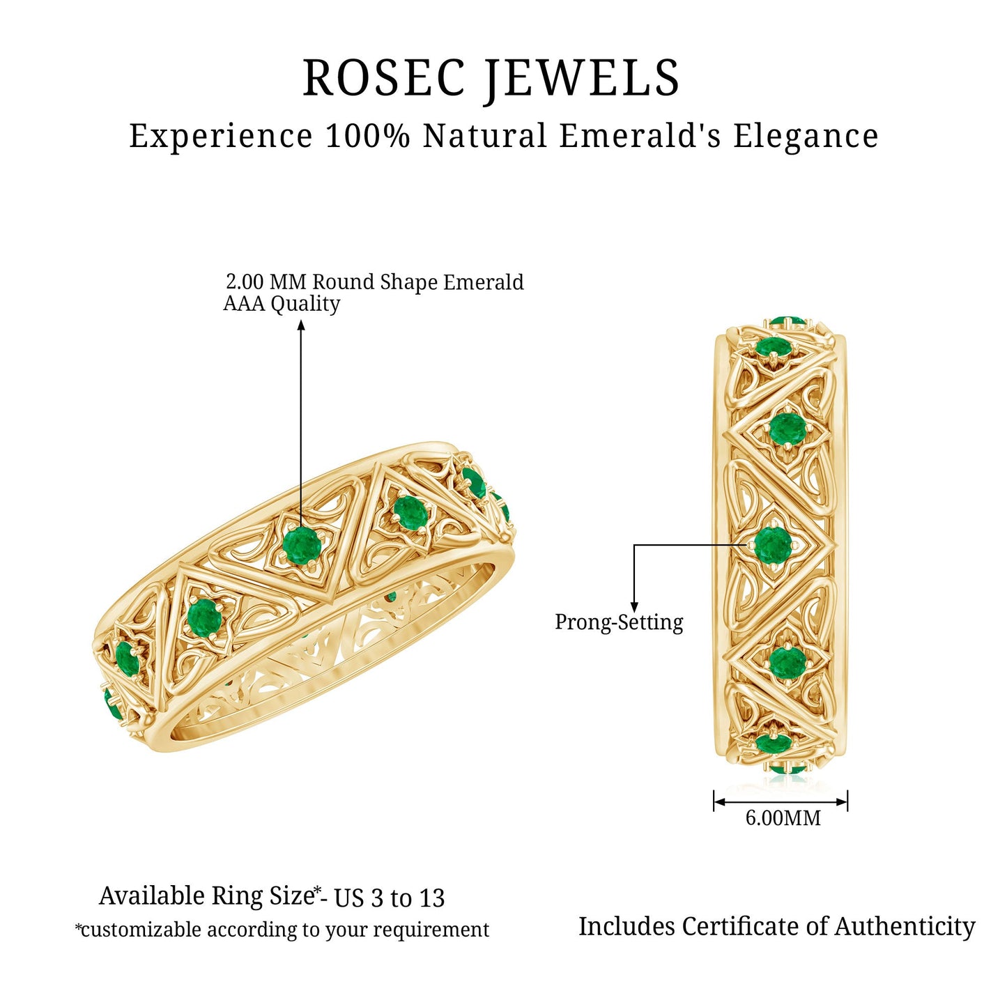 Vintage Inspired Real Emerald Wide Wedding Band
