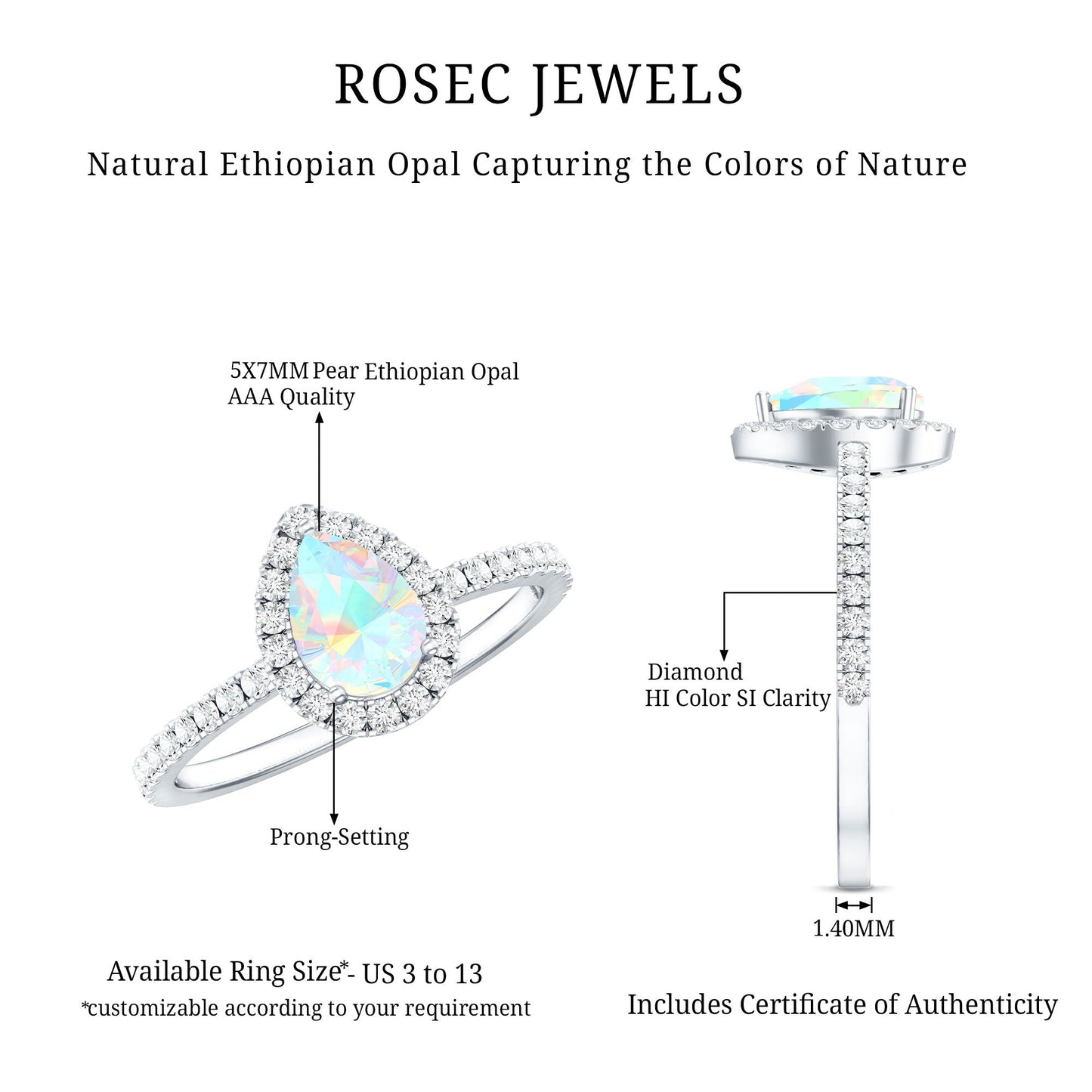 0.7 Carat Natural Ethiopian Opal Teardrop Engagement Ring with Diamond Halo