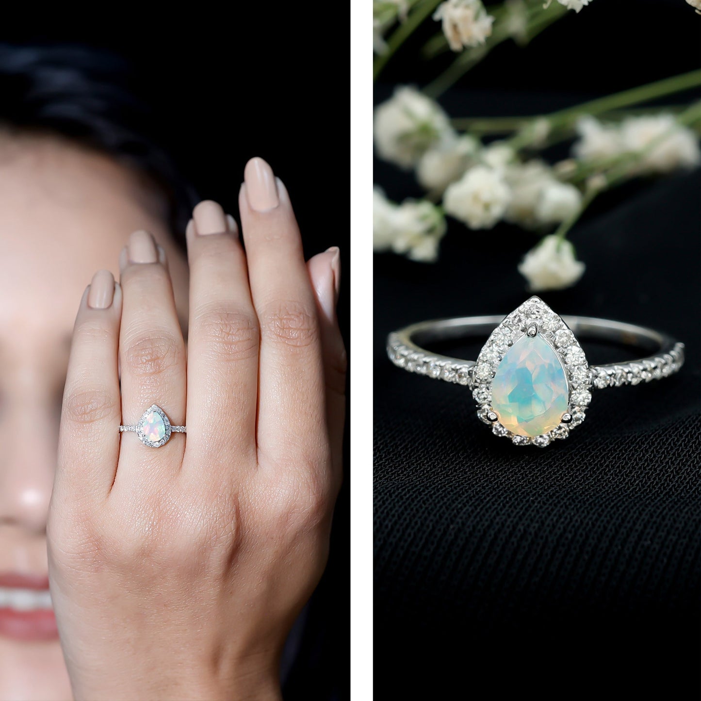 0.7 Carat Natural Ethiopian Opal Teardrop Engagement Ring with Diamond Halo
