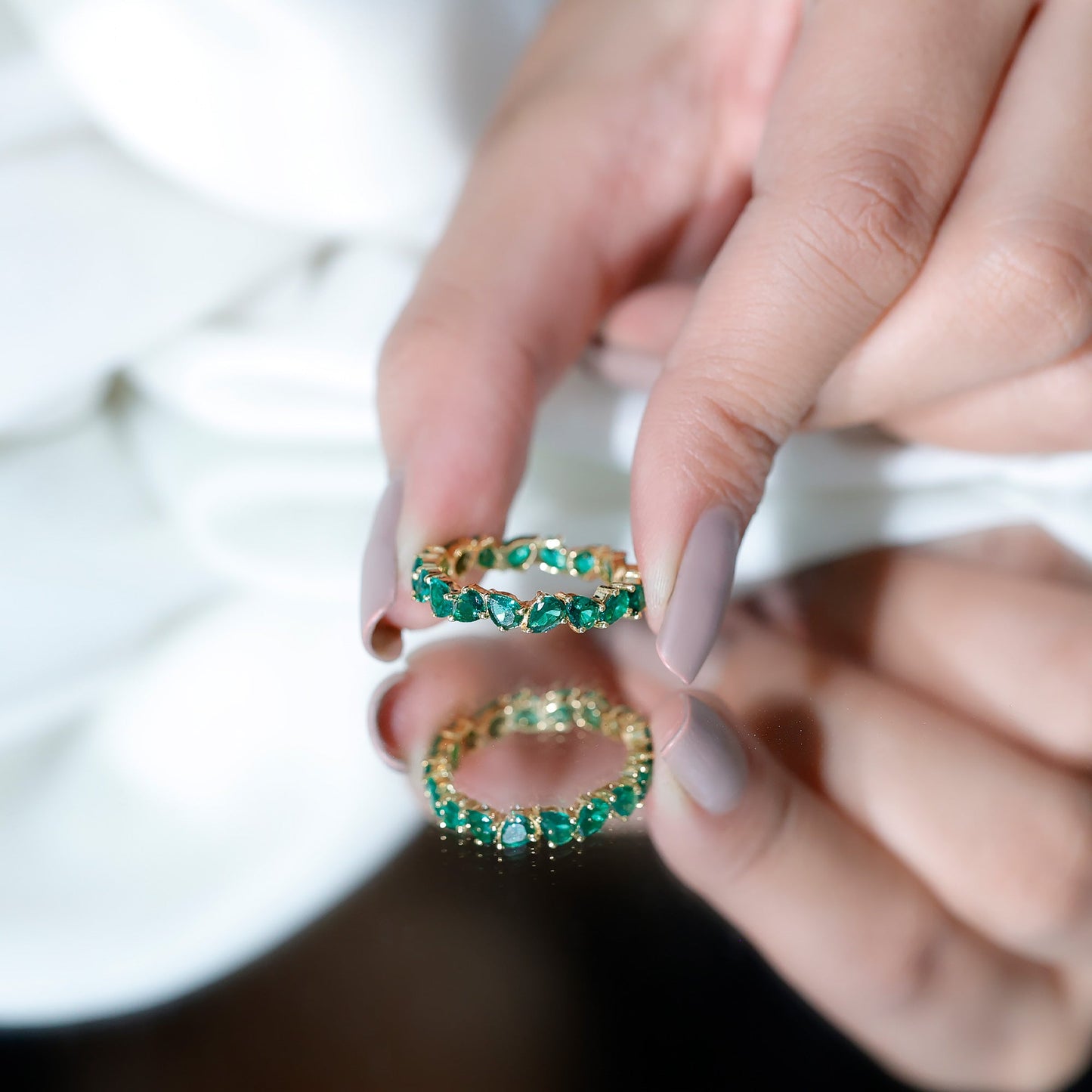 Pear Cut Lab Grown Emerald Full Eternity Band Ring