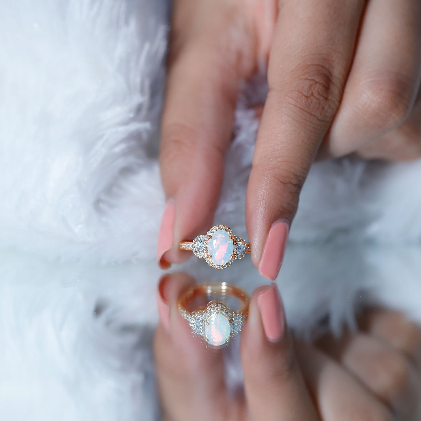 Vintage Inspired Opalescent Oval Engagement Ring with Real Diamond
