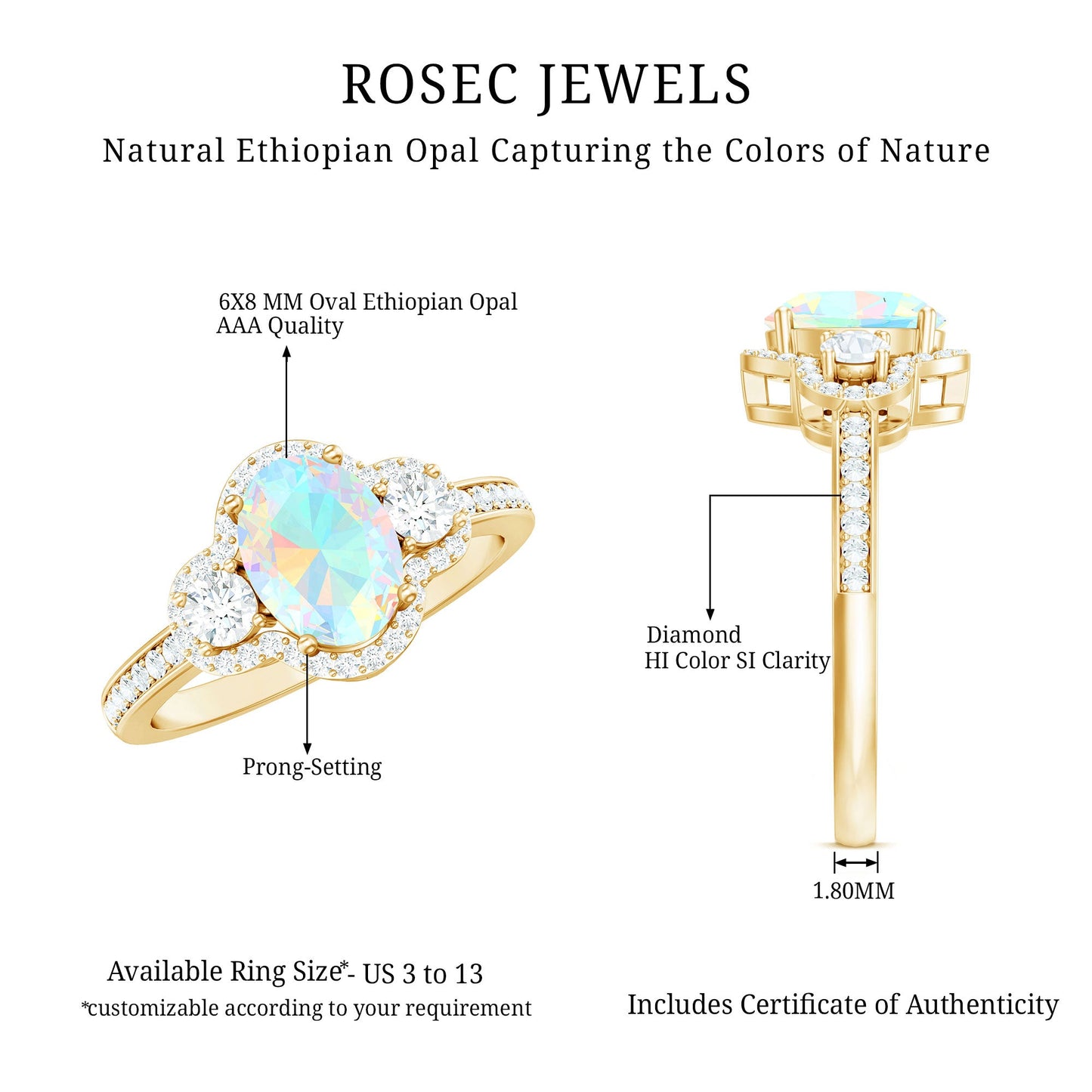 Vintage Inspired Opalescent Oval Engagement Ring with Real Diamond