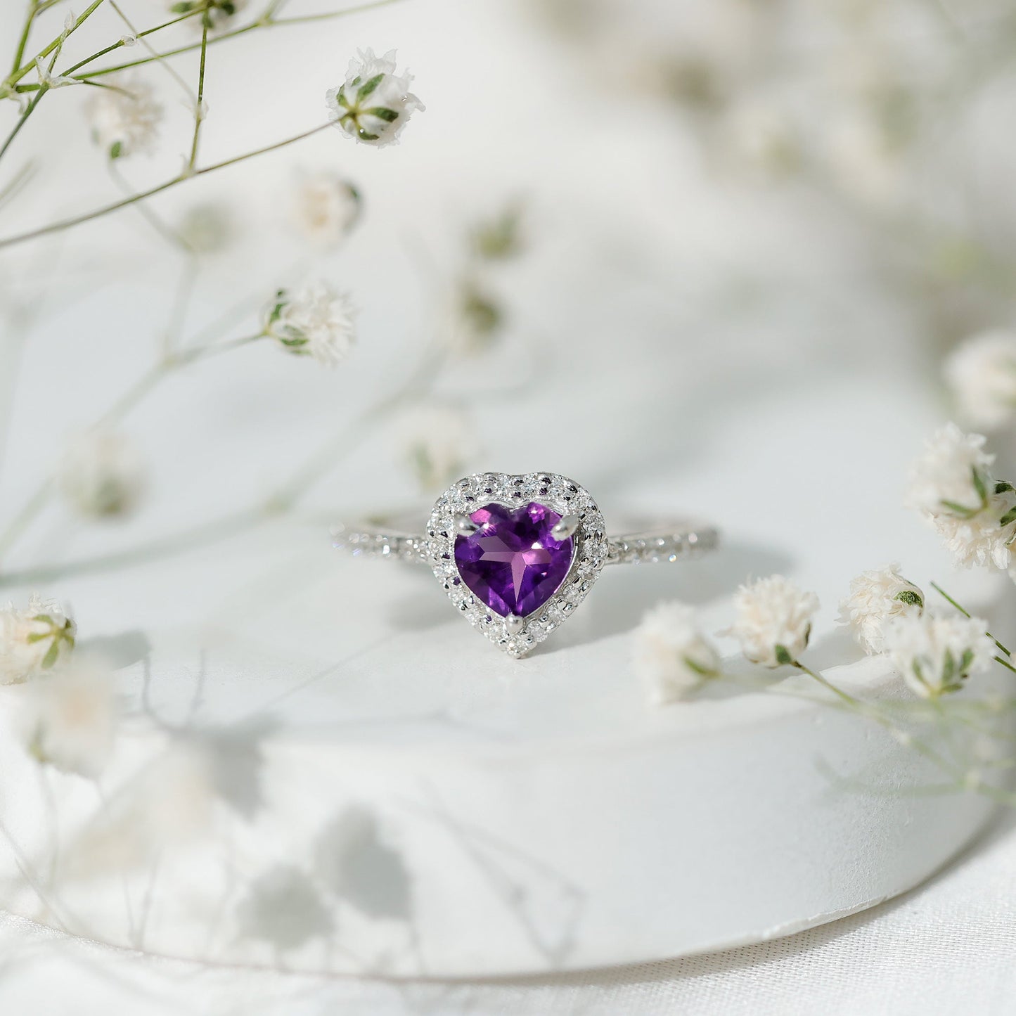 Natural 0.9 Carat Amethyst Heart Engagement Ring with Diamond Halo