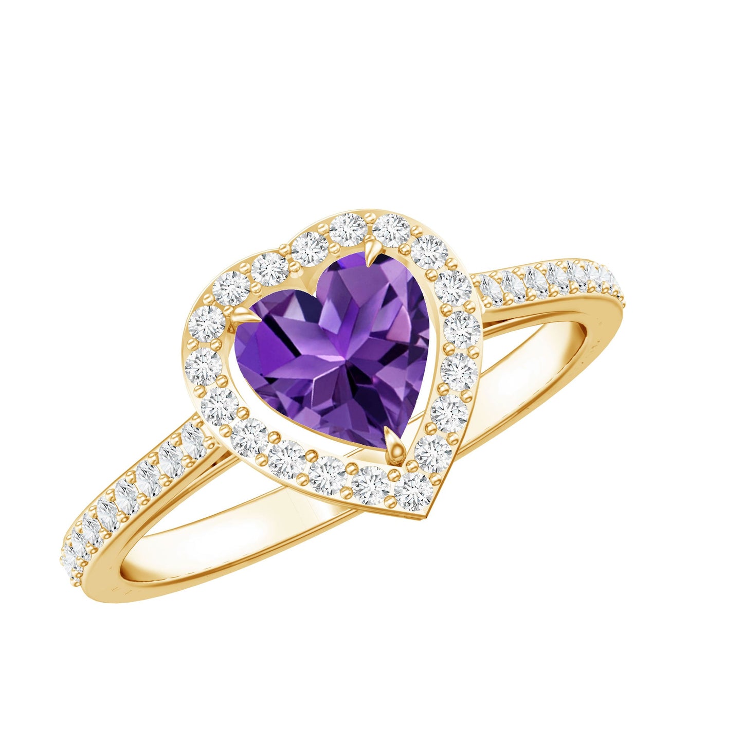 Natural 0.9 Carat Amethyst Heart Engagement Ring with Diamond Halo