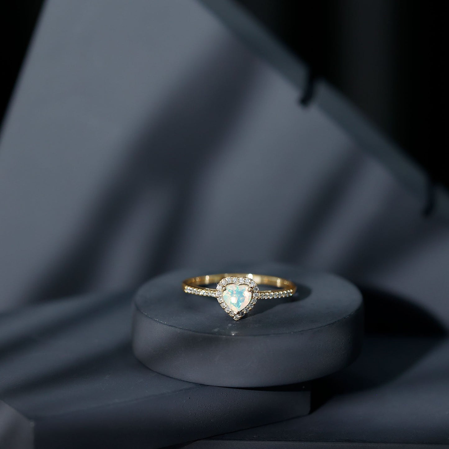 Natural Ethiopian Opal Heart Shaped Engagement Ring with Diamond Halo