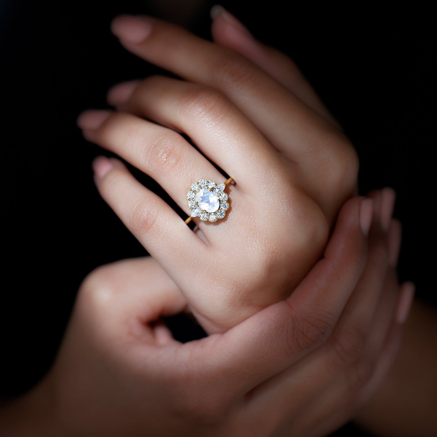 Natural 0.6 Carat Oval Shape Moonstone Engagement Ring With Moissanite
