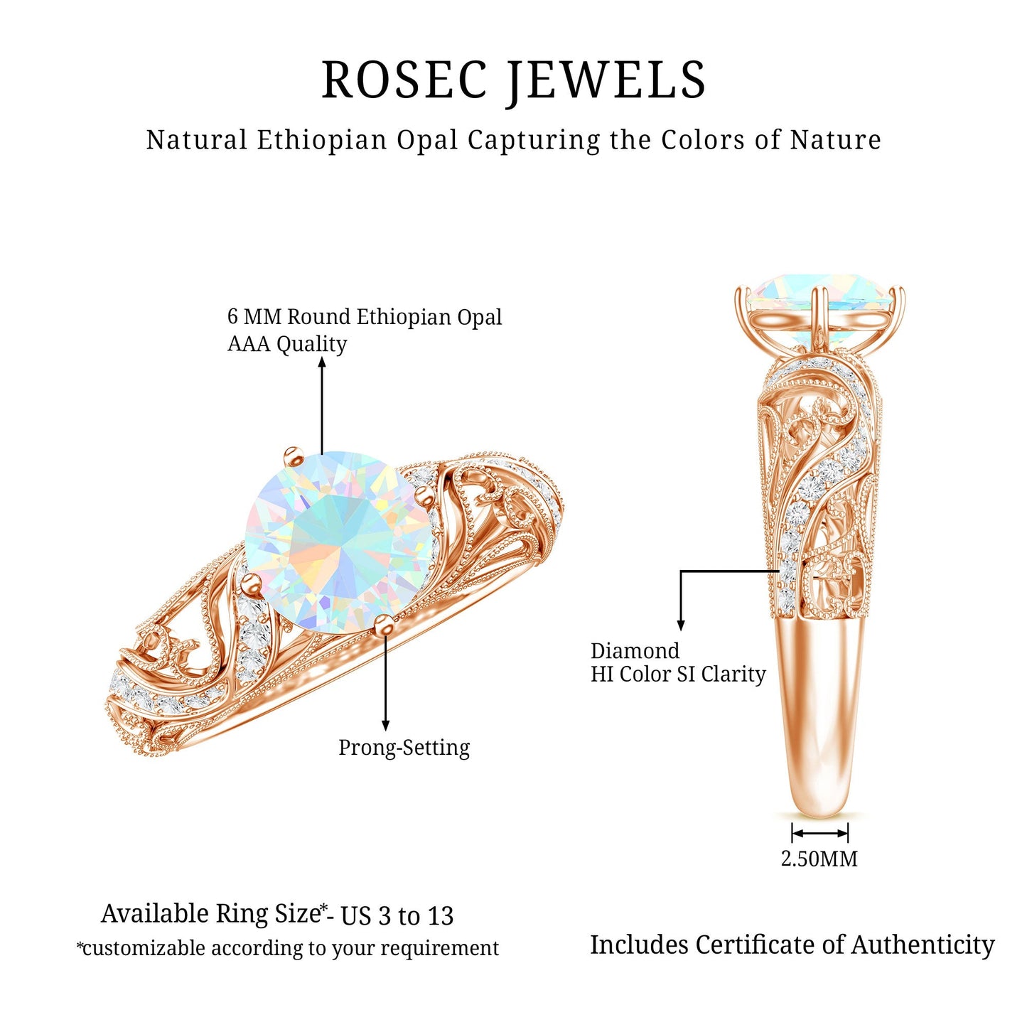 Genuine Ethiopian Rainbow Opal Vintage Inspired Engagement Ring with Diamond