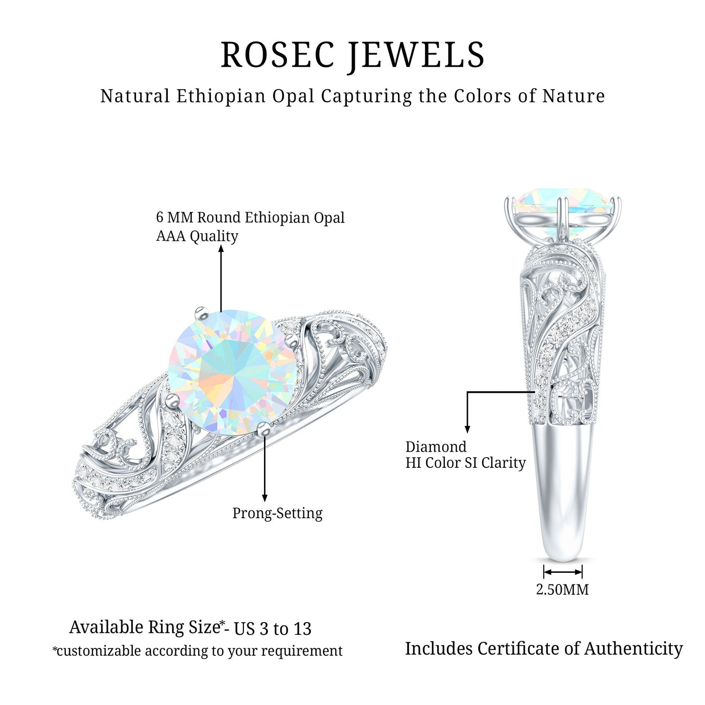 Genuine Ethiopian Rainbow Opal Vintage Inspired Engagement Ring with Diamond