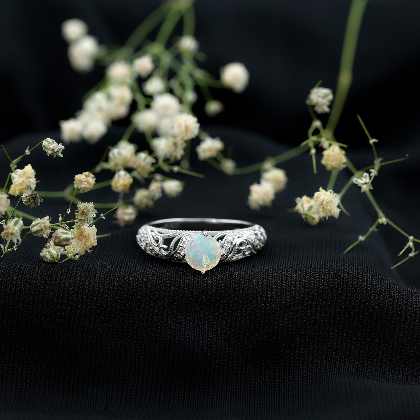 Genuine Ethiopian Rainbow Opal Vintage Inspired Engagement Ring with Diamond