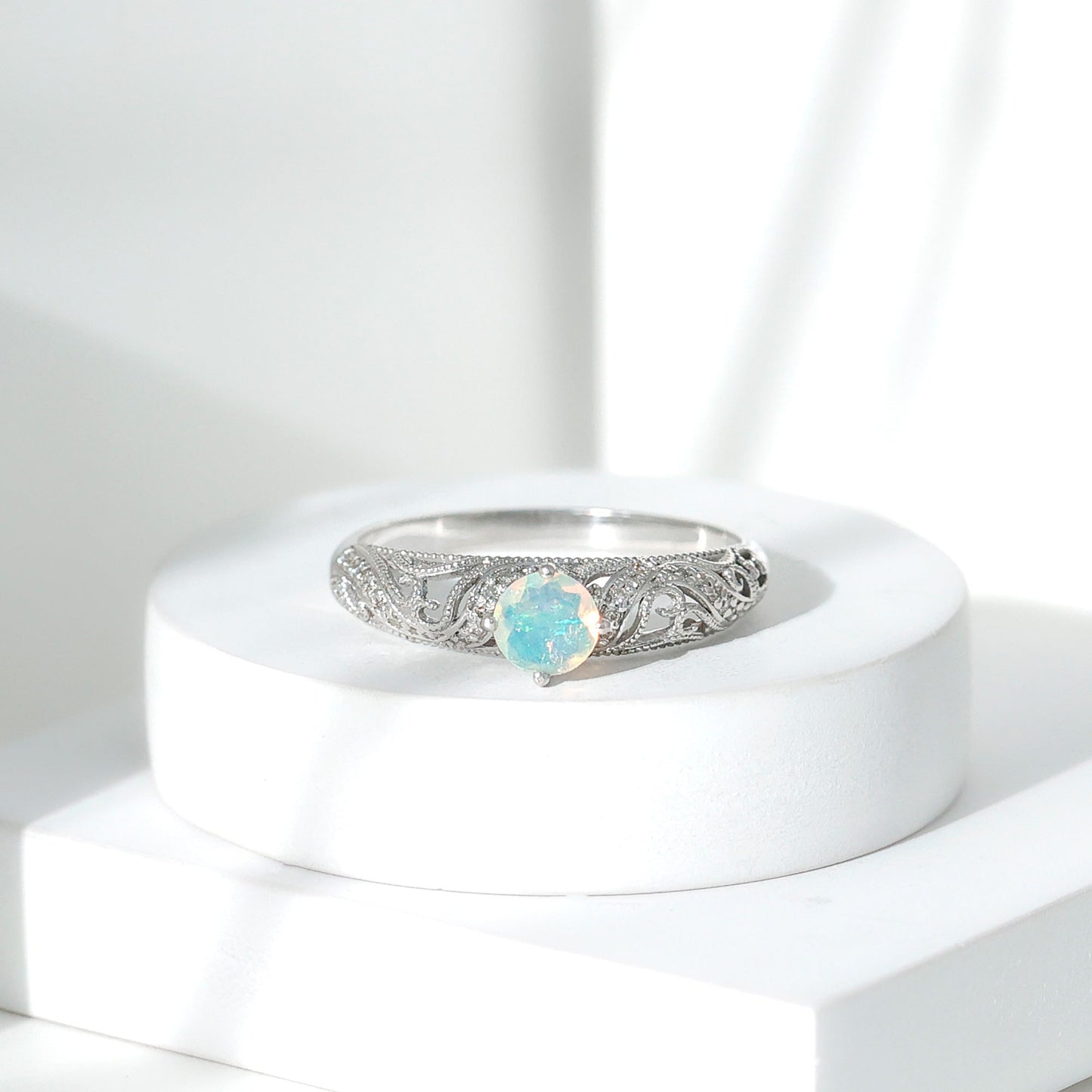 Genuine Ethiopian Rainbow Opal Vintage Inspired Engagement Ring with Diamond