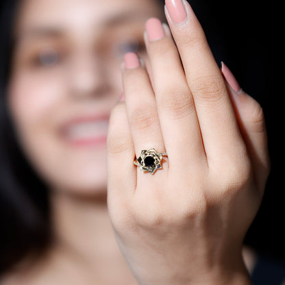 Flower Inspired Black Onyx Rose Engagement Ring with Diamond