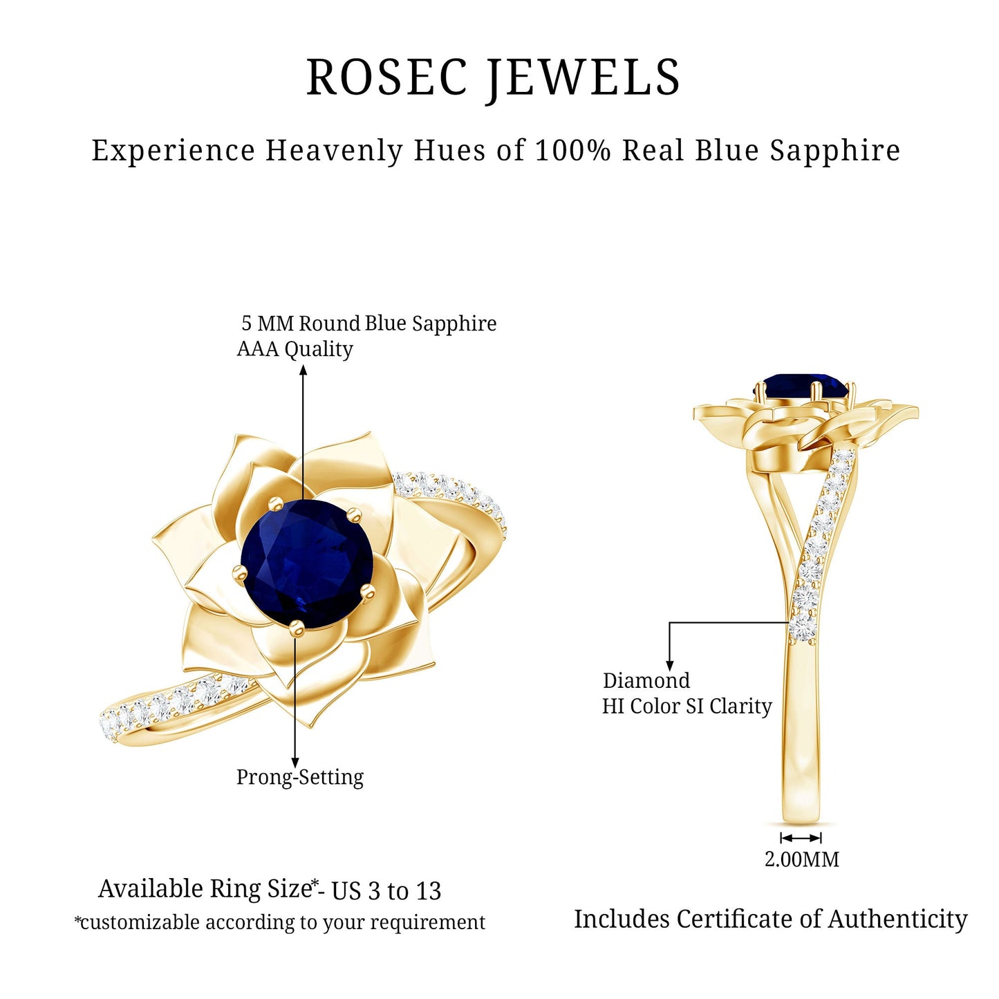Real 0.9 Carat Blue Sapphire Rose Flower Engagement Ring with Diamond Bypass Shank