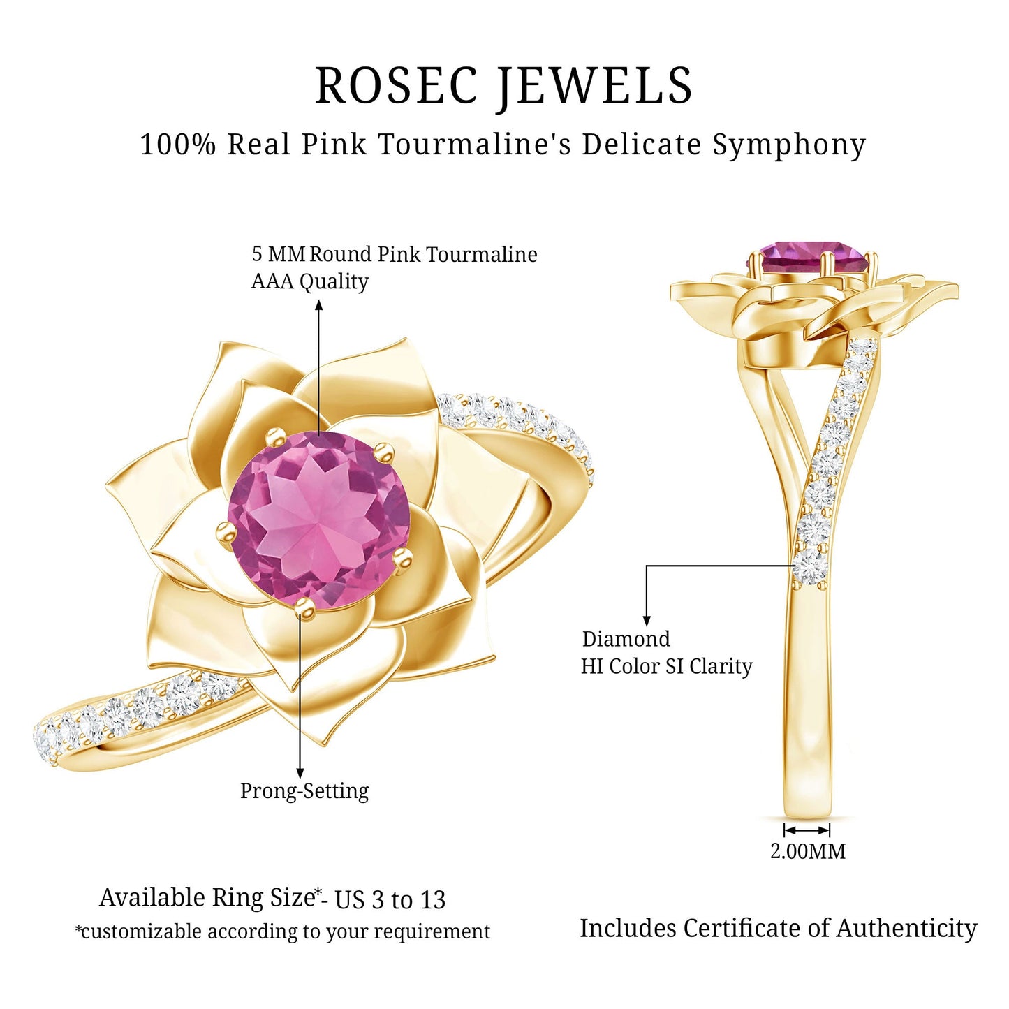 Pink Tourmaline and Diamond Flower Engagement Ring with Bypass Shank