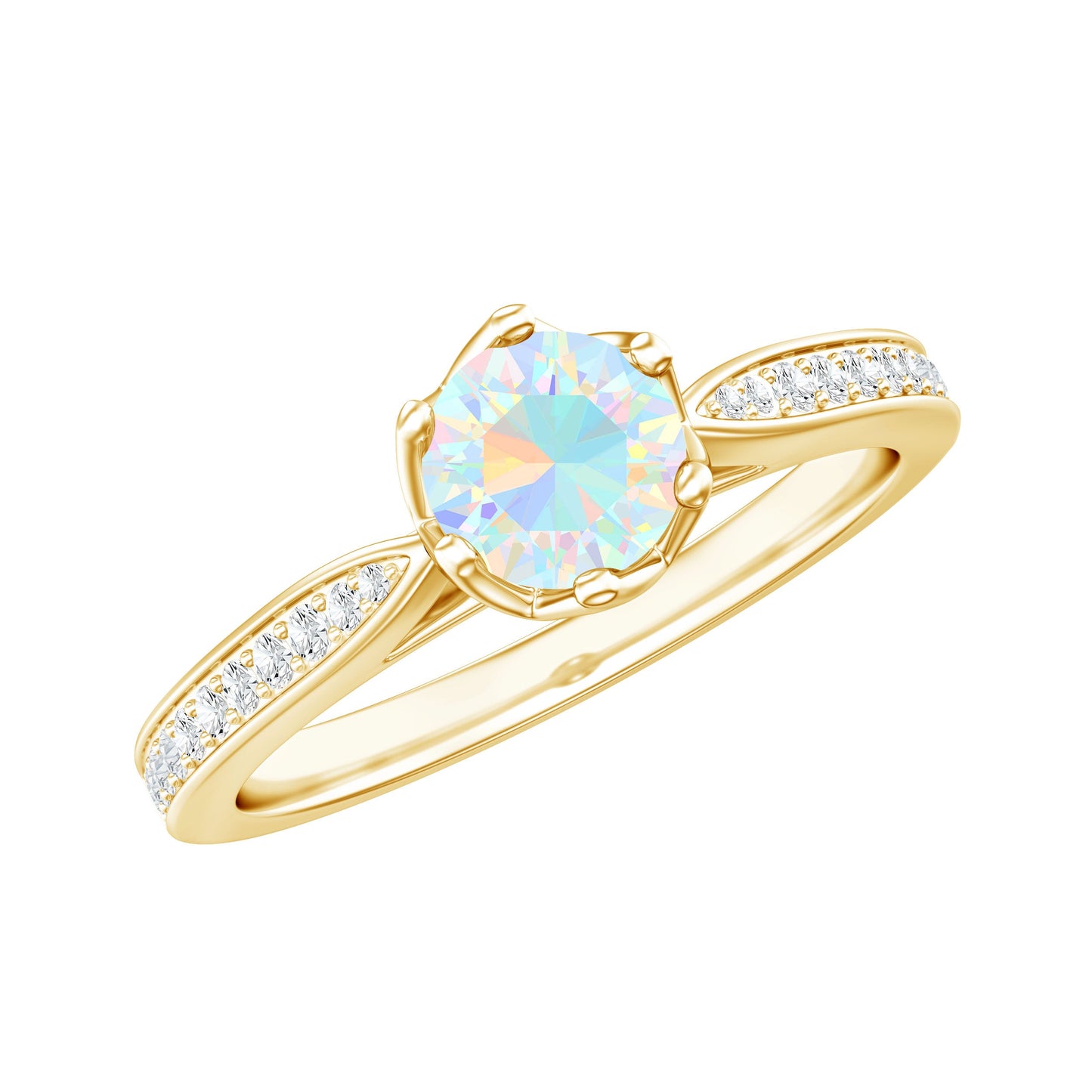 Genuine Ethiopian Rainbow Opal Engagement Ring with Diamond Side Stones