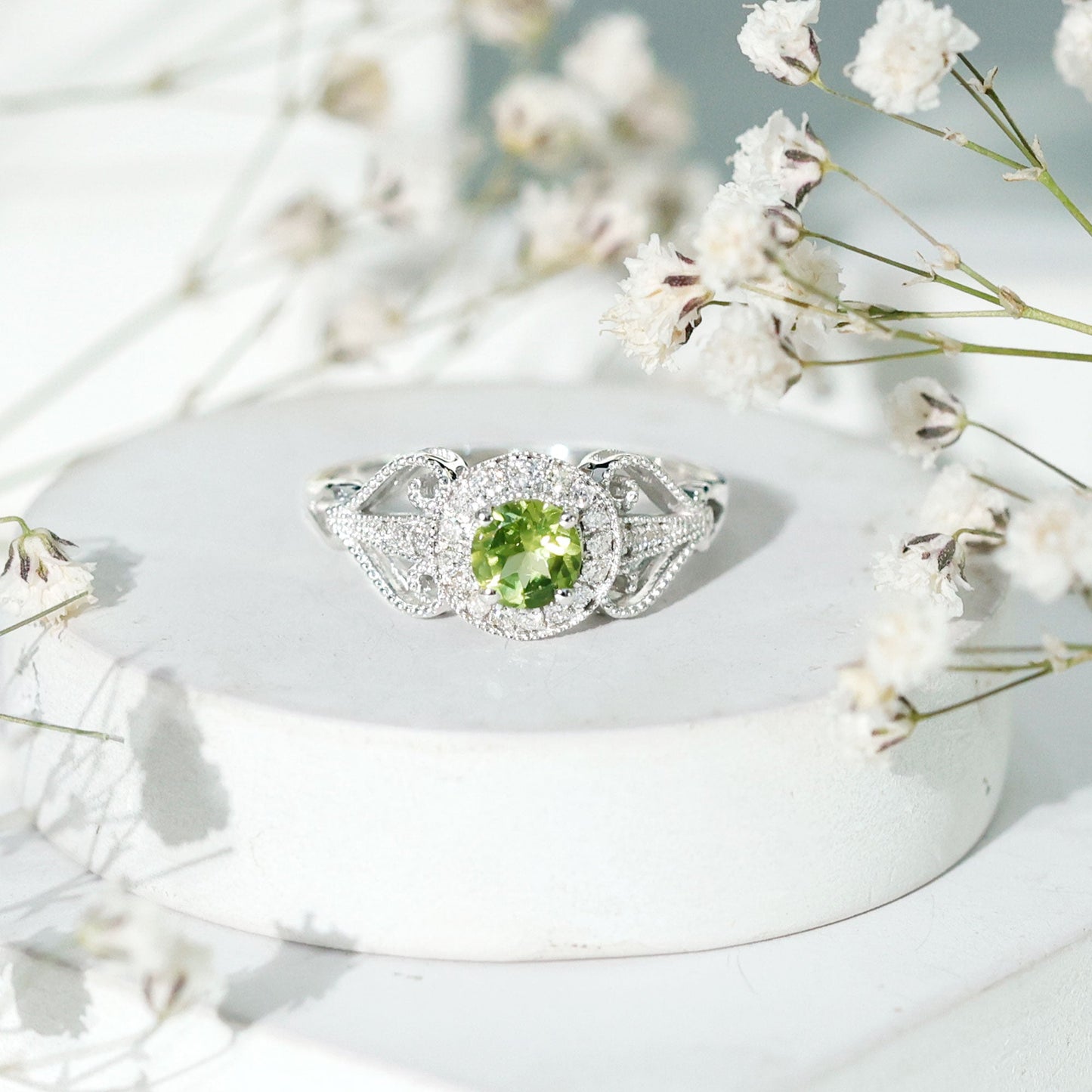 Vintage Inspired 0.5 Carat Peridot Engagement Ring with Diamond Halo