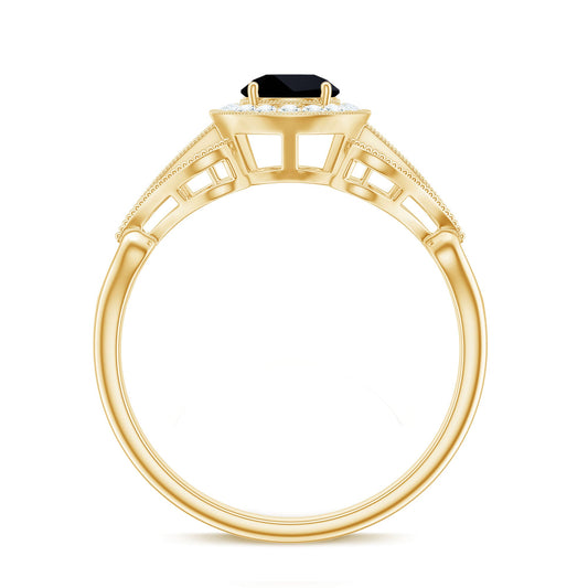 0.4 Carat Round Black Onyx Vintage Engagement Ring with Diamond Halo