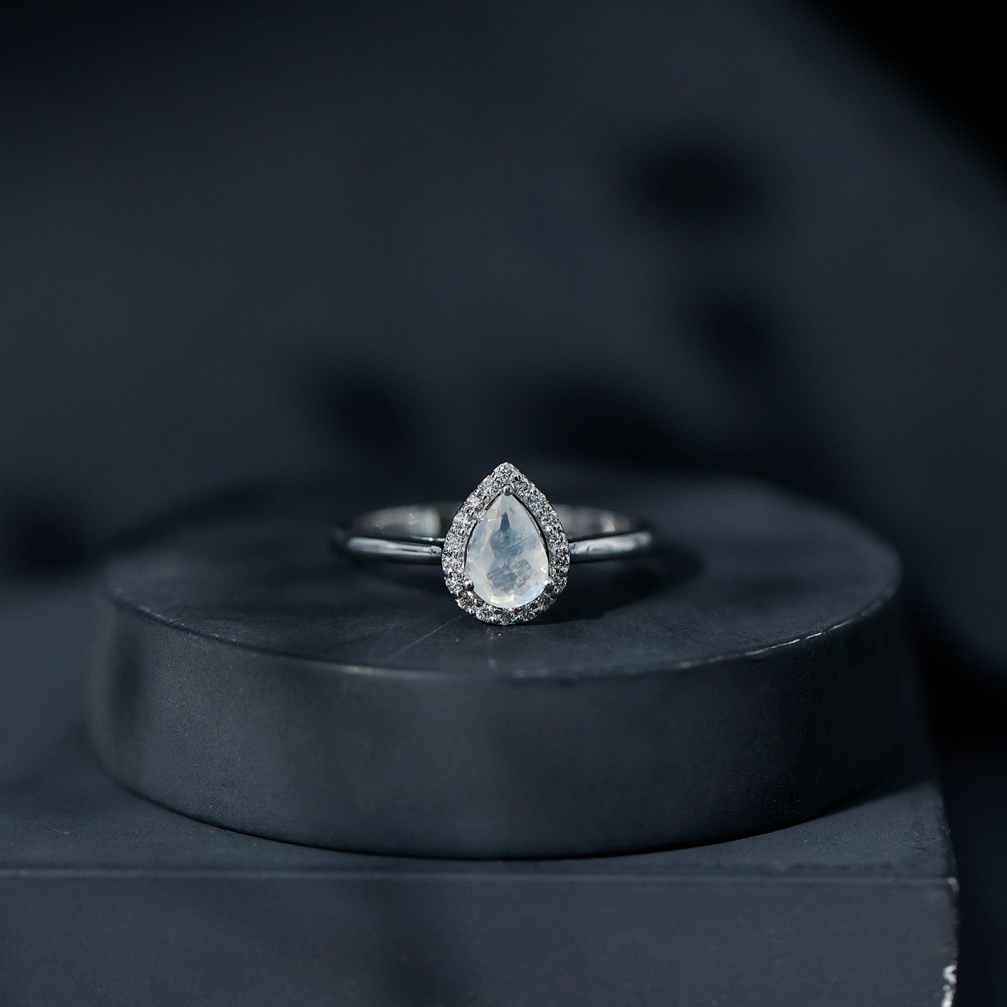 Pear Shaped Moonstone Halo Engagement Ring with Diamond