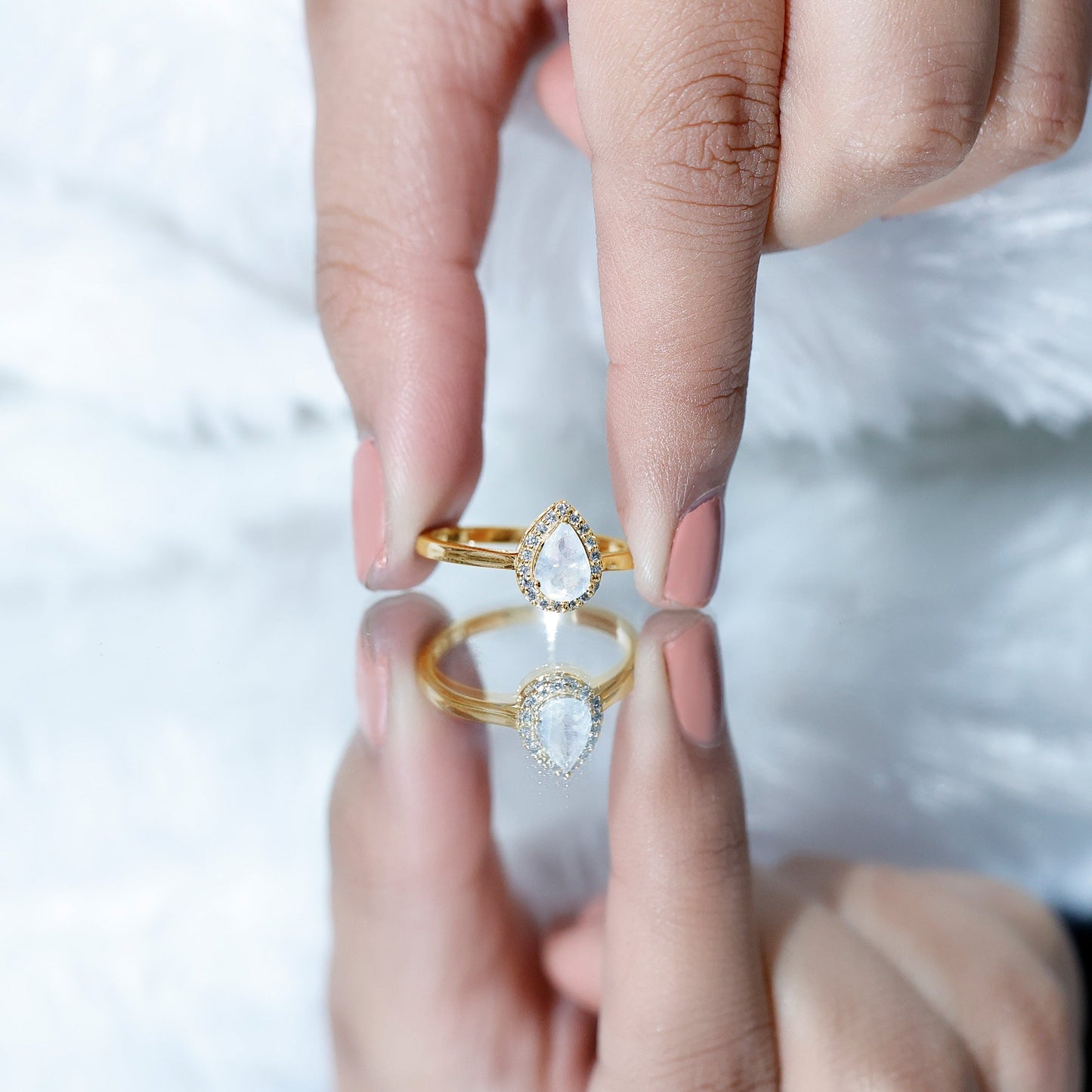 Pear Shaped Moonstone Halo Engagement Ring with Diamond