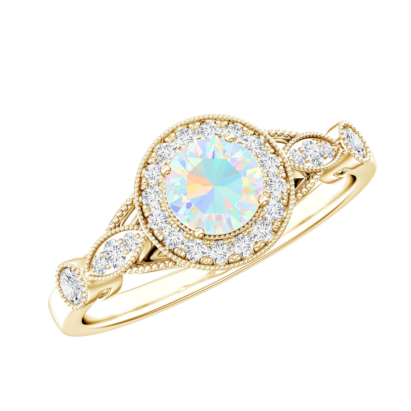 Genuine Ethiopian Opal Antique Looking Engagement Ring with Diamond Halo