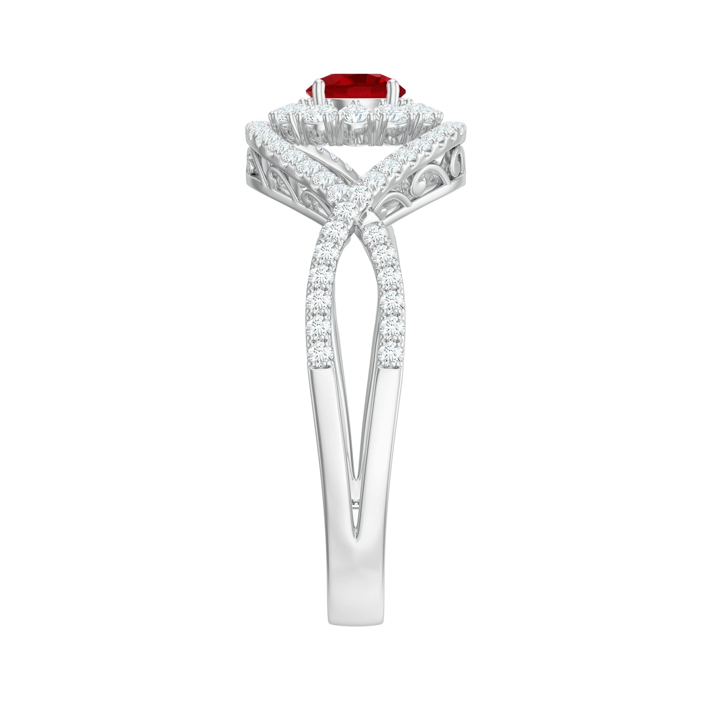 Certified Lab Ruby and Diamond Crossover Engagement Ring with Halo