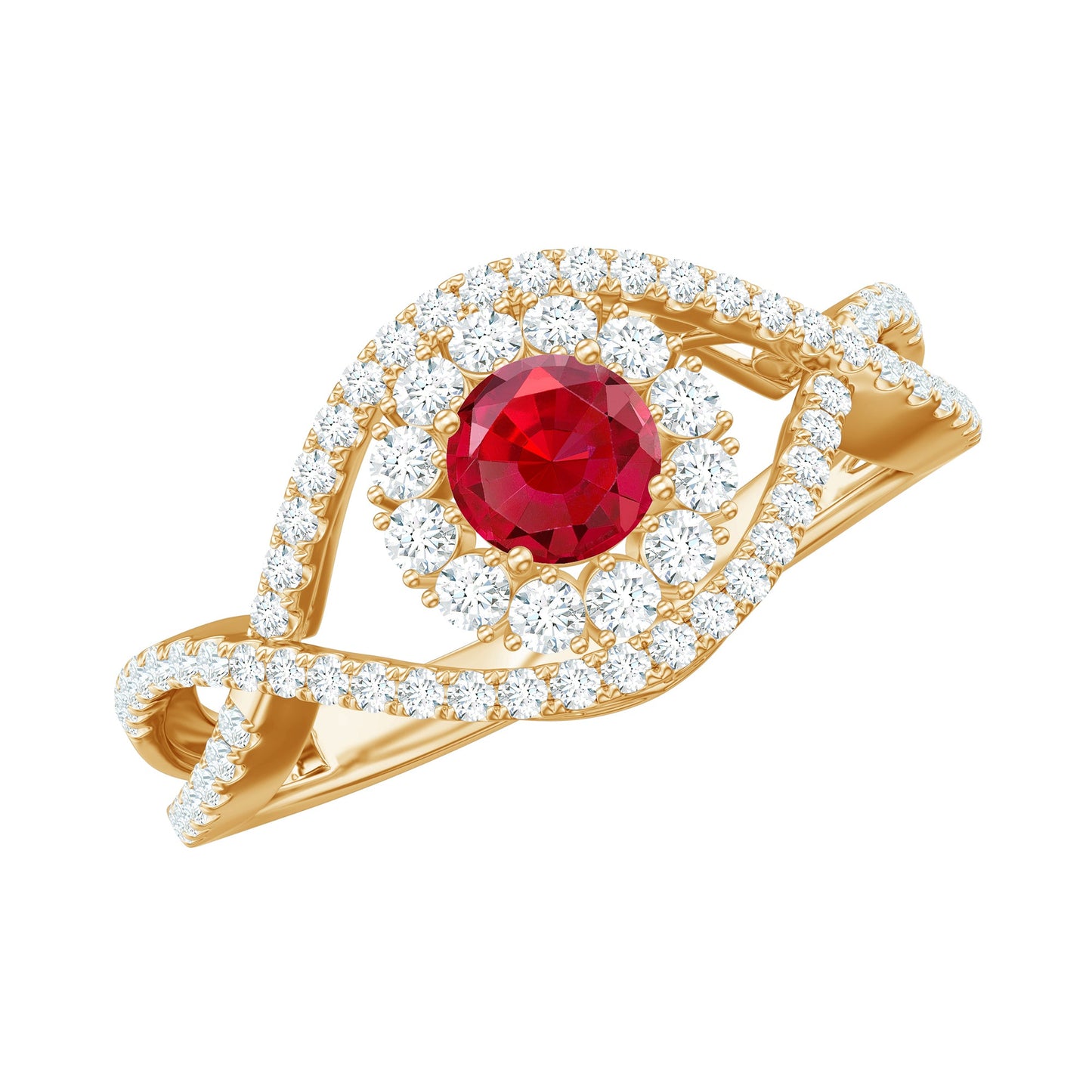 Certified Lab Ruby and Diamond Crossover Engagement Ring with Halo
