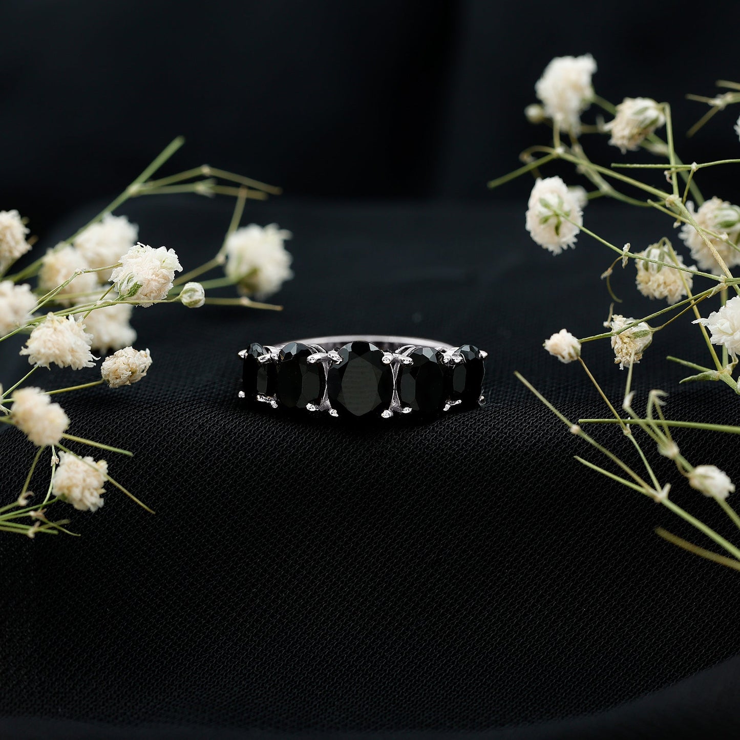 Oval Shaped Black Onyx 5 Stone Anniversary Ring