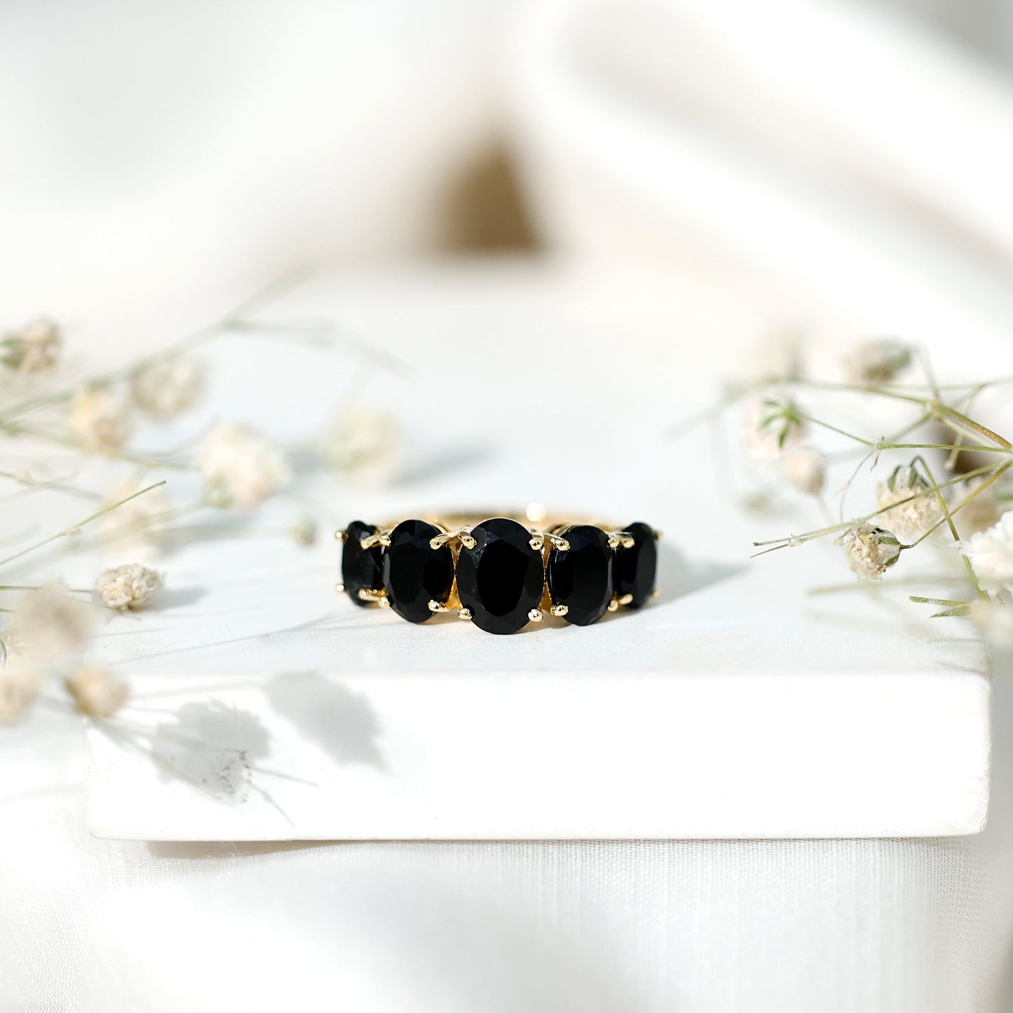 Oval Shaped Black Onyx 5 Stone Anniversary Ring