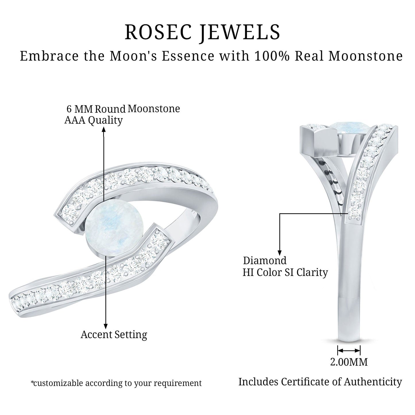 Real Moonstone Bypass Engagement Ring with Diamond