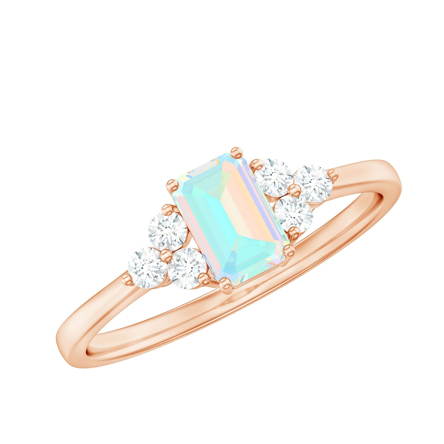 Certified Real Ethiopian Rainbow Opal Emerald Cut Engagement Ring with Diamond Trio