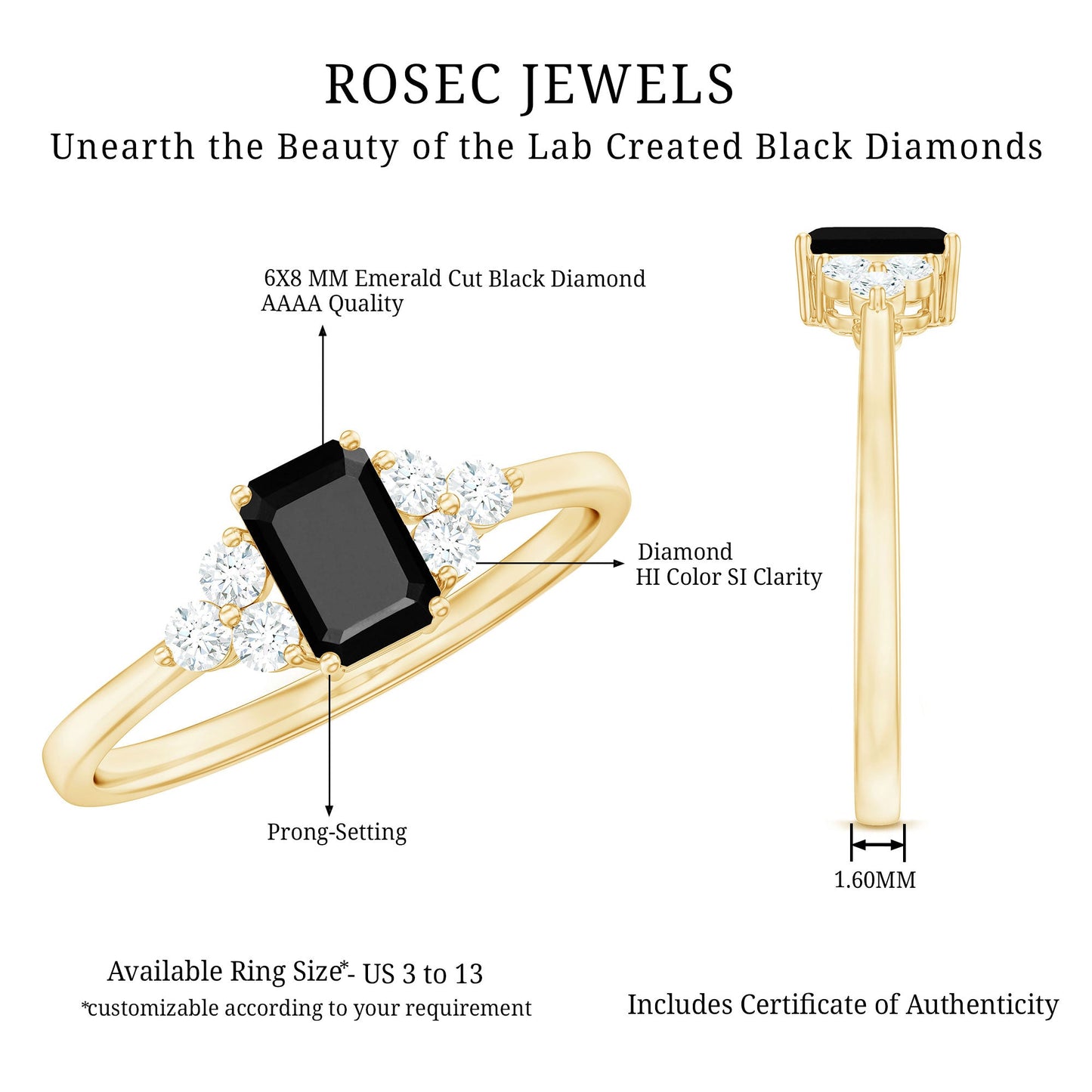 Emerald Cut Created Black Diamond Solitaire Ring with Diamond Trio