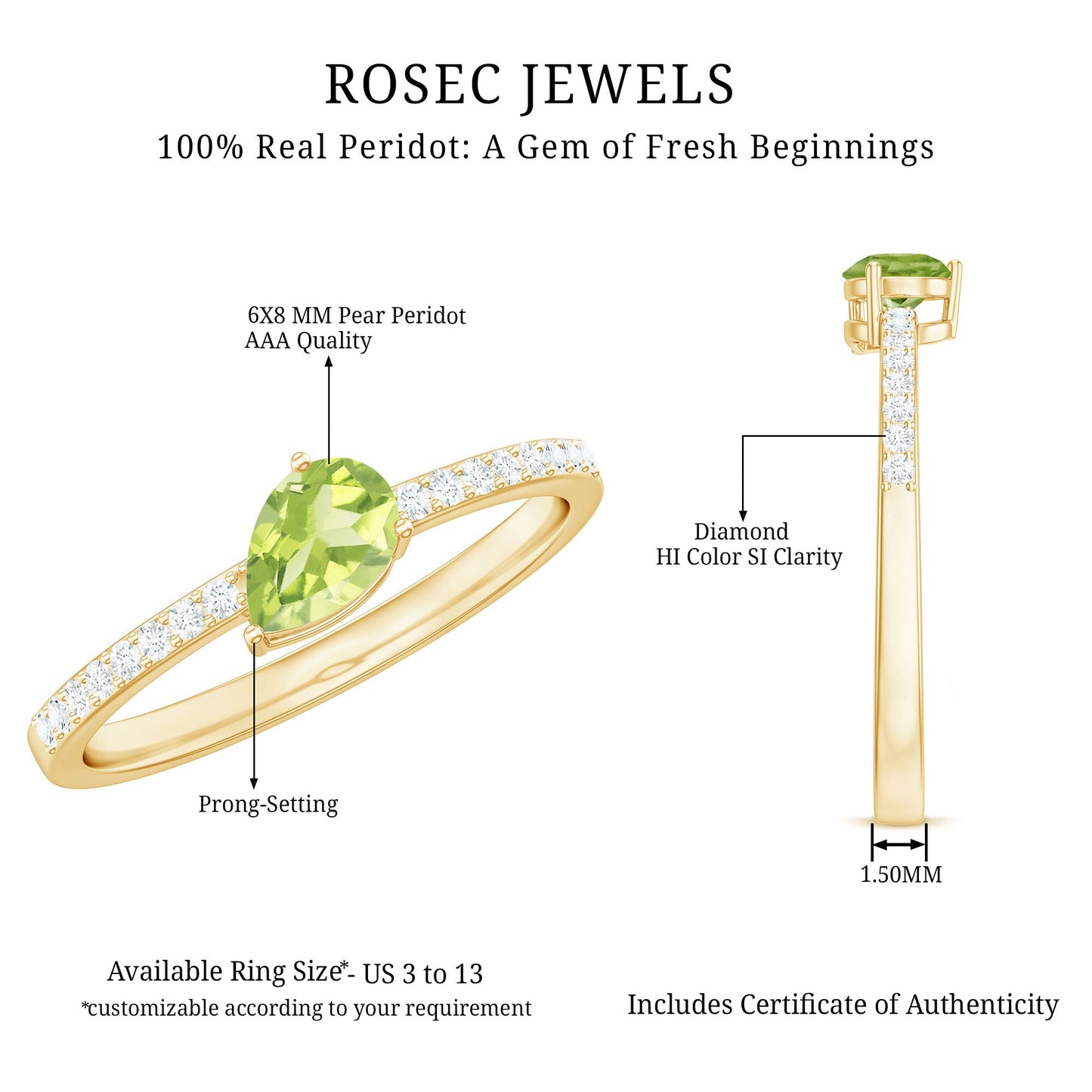 Natural 1 Carat Pear Shape Peridot Engagement Ring with Diamond