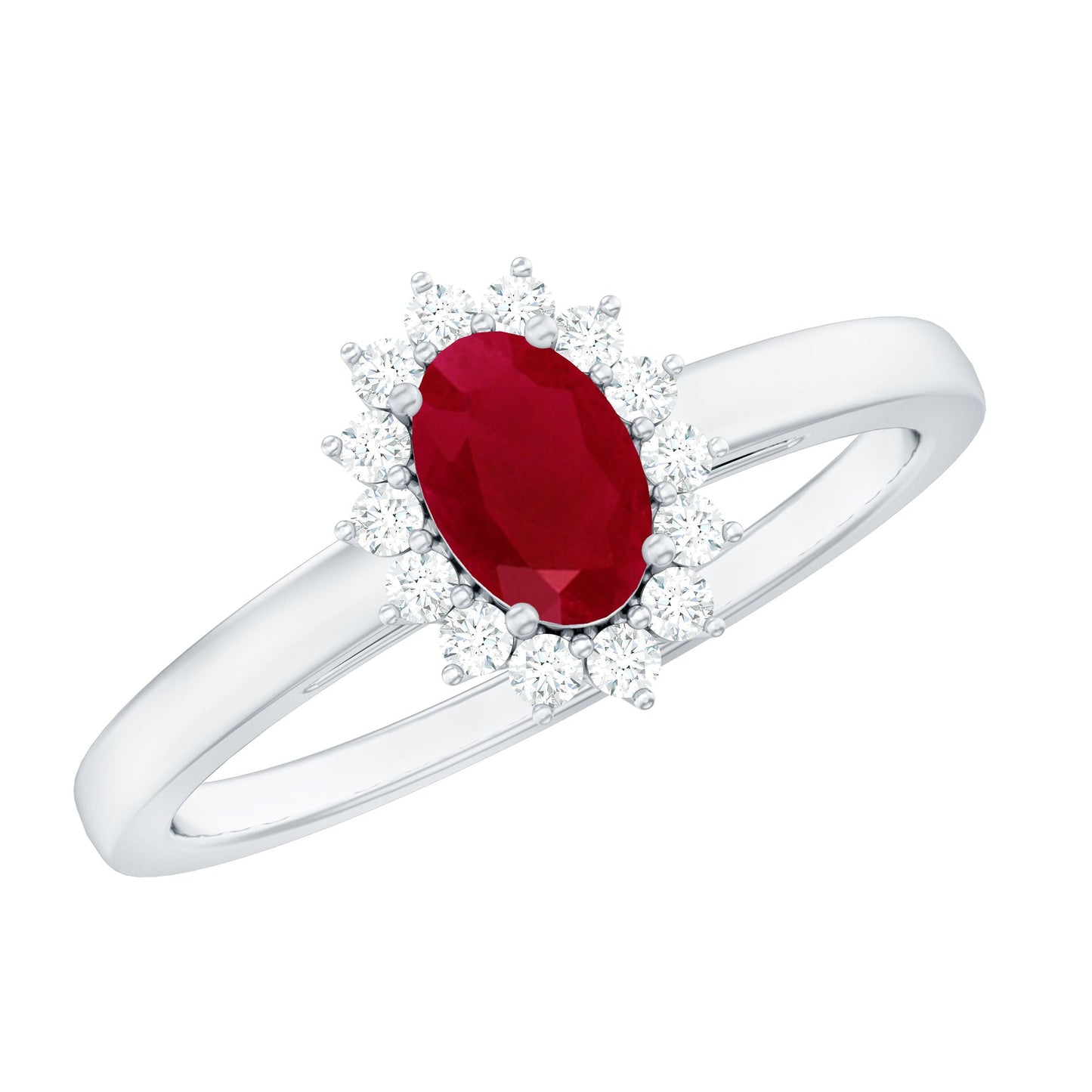 Natural 0.6 Carat Ruby Oval Engagement Ring with Diamond Halo