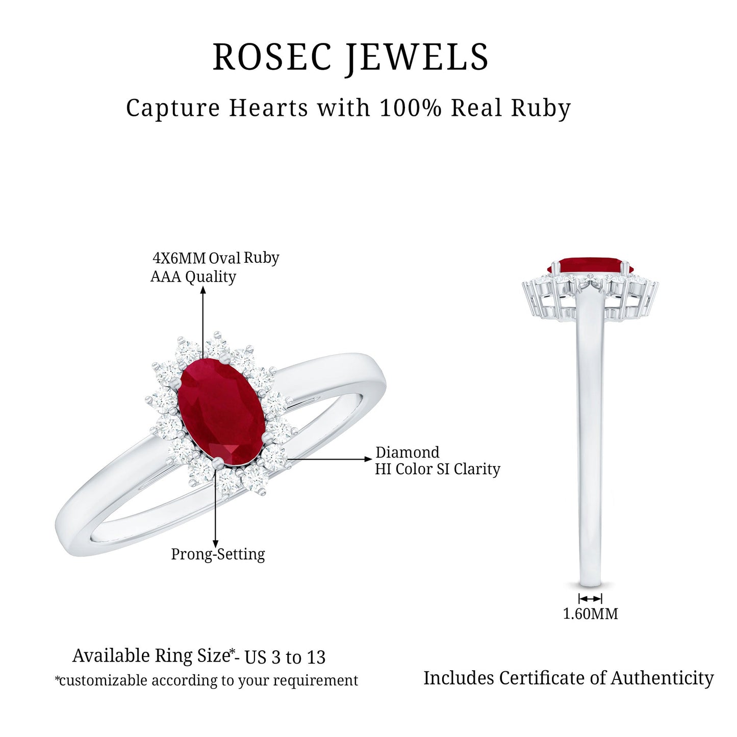 Natural 0.6 Carat Ruby Oval Engagement Ring with Diamond Halo