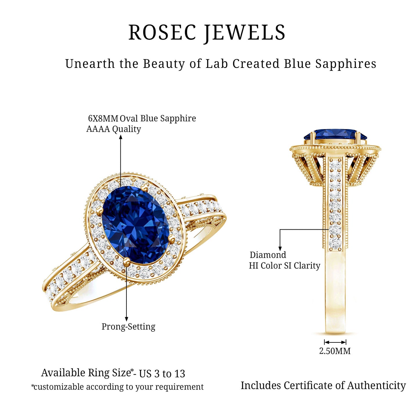 Certified 1.5 Carat Lab Grown Blue Sapphire Engagement Ring with Diamond Halo