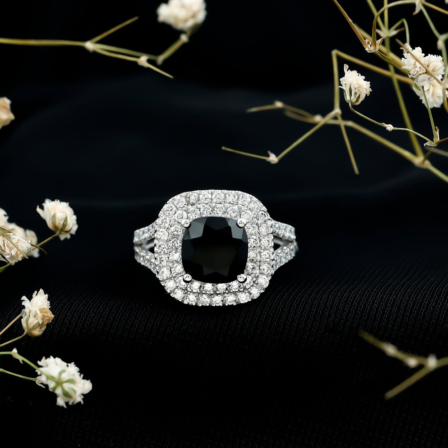 Vintage Style Cushion Cut Black Onyx and Diamond Double Halo Engagement Ring