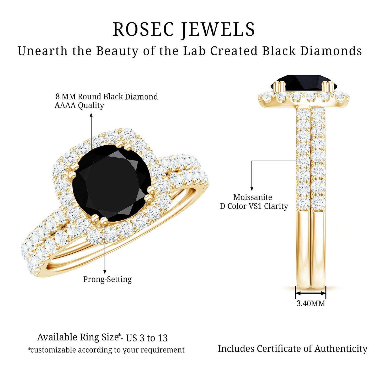 Certified 2 Carat Lab Grown Black Diamond Halo Engagement Ring with Wedding Band