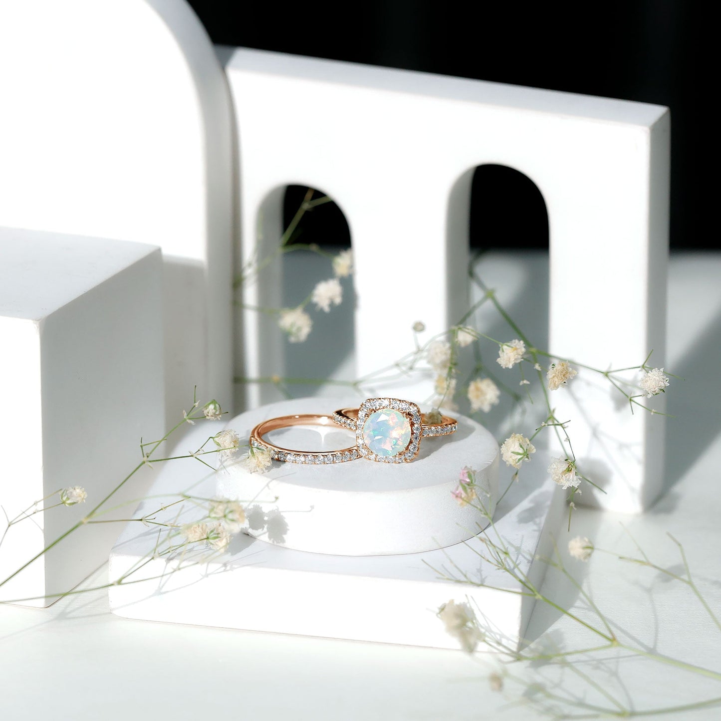 Real Ethiopian Opal Engagement Ring with Moissanite Wedding Band