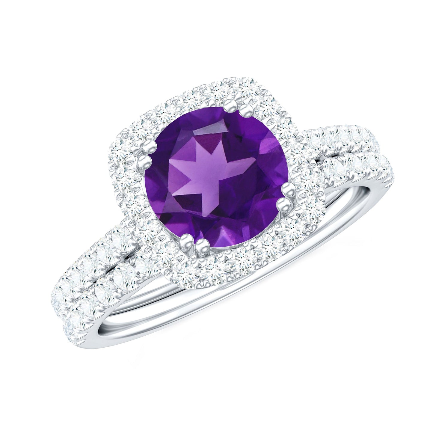 Real 1.2 Carat Amethyst Wedding Engagement Ring Set with Moissanite