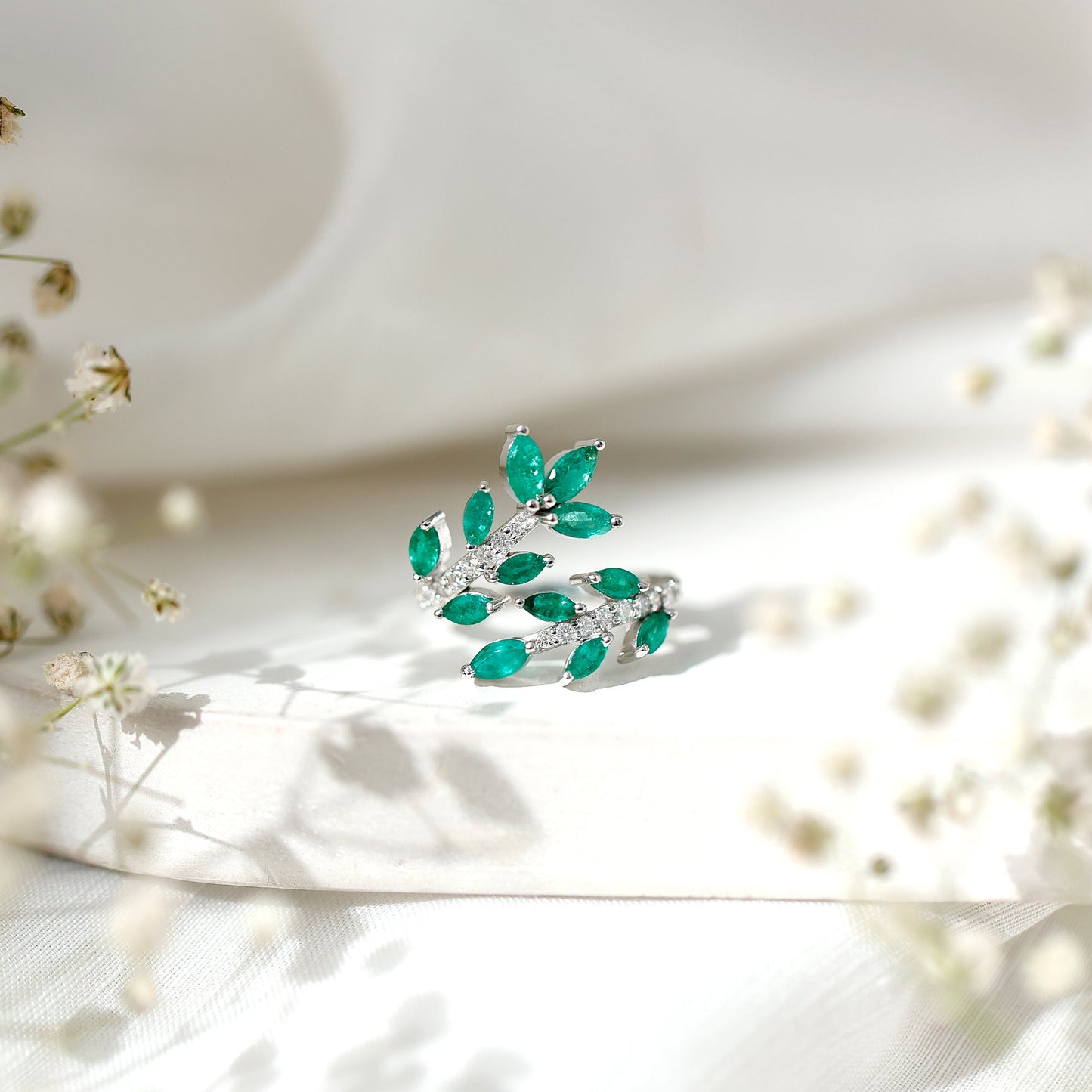 Natural Emerald and Diamond Leaf Wrap Ring