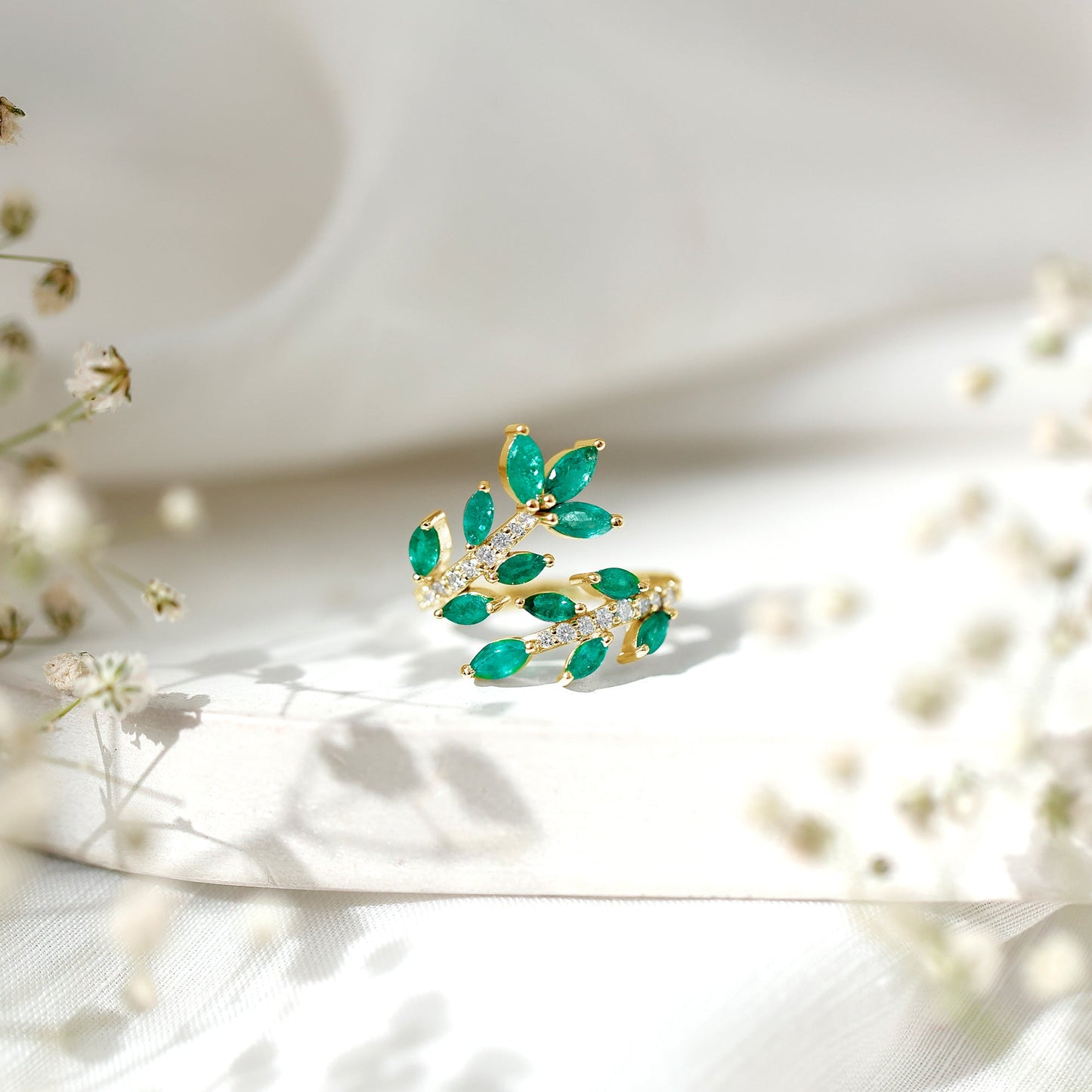 Natural Emerald and Diamond Leaf Wrap Ring