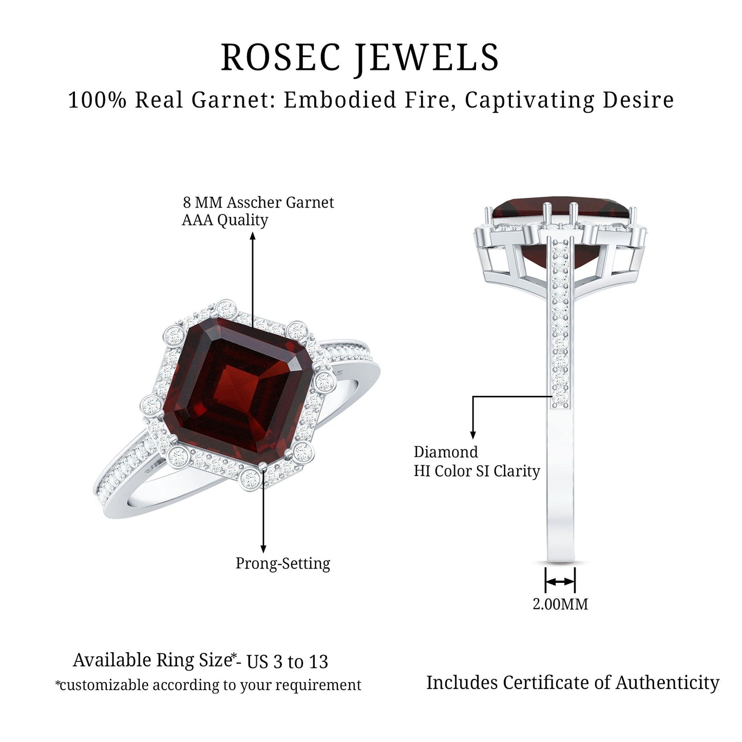 Natural 3.3 Carat Asscher Cut Garnet Engagement Ring with Diamond Halo