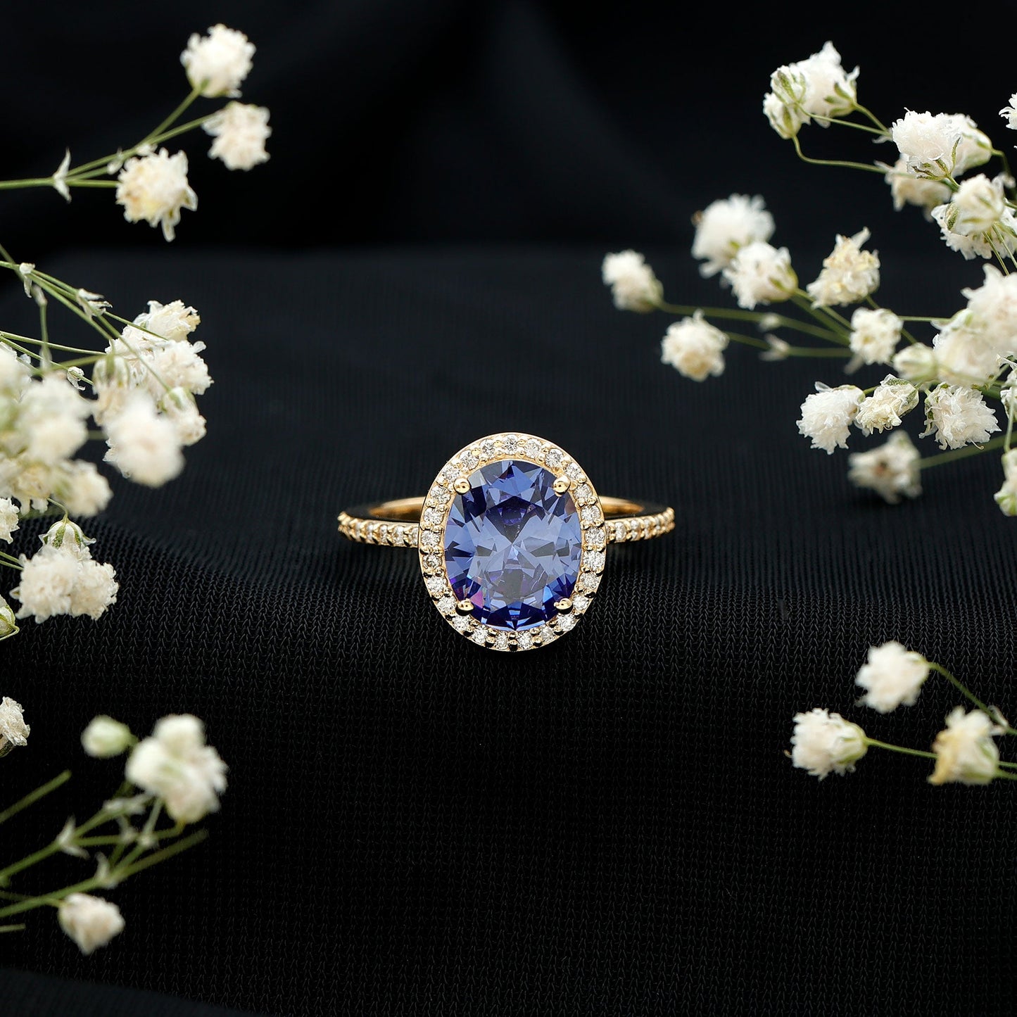 4 Carat Lab Grown Blue Sapphire Oval Engagement Ring with Diamond Halo