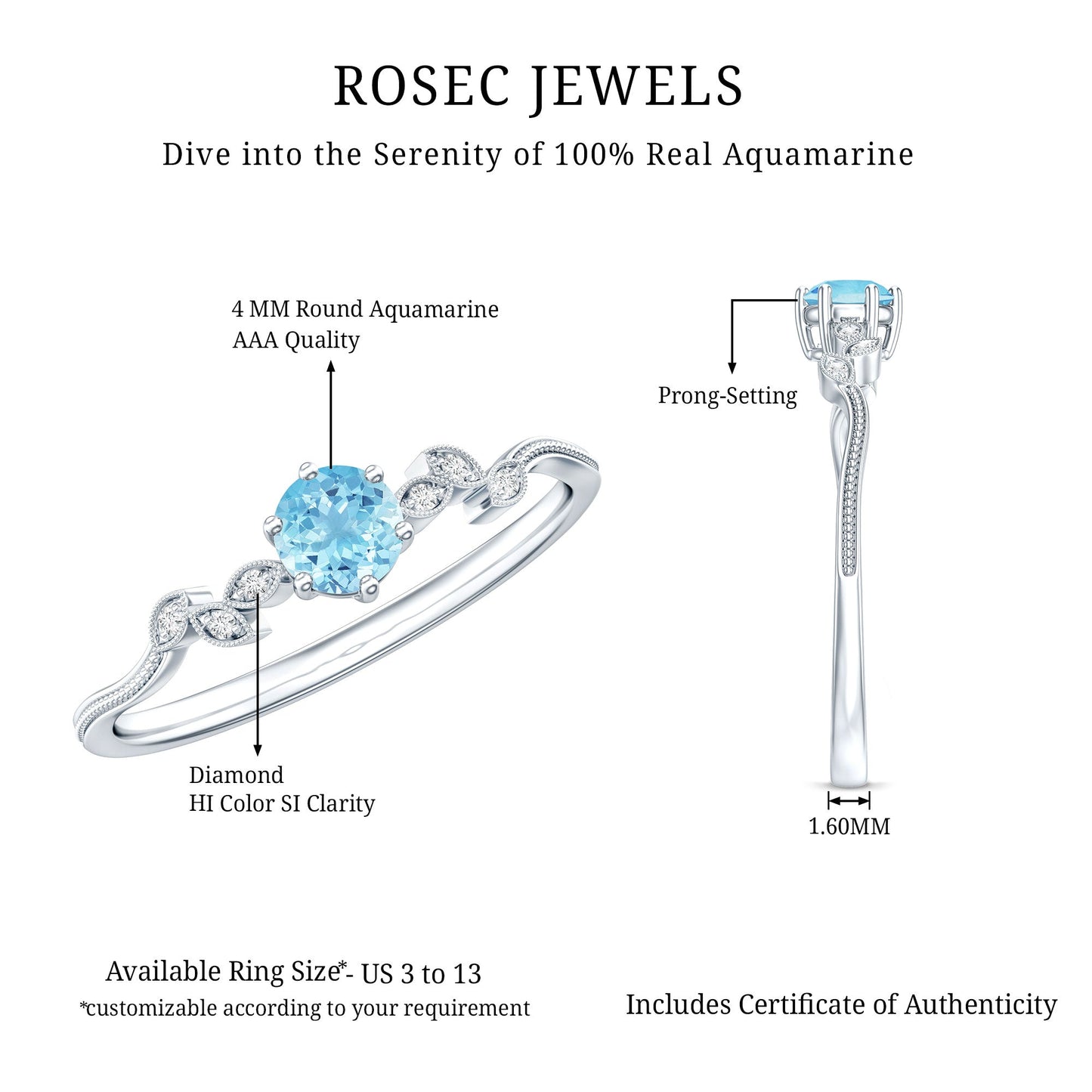 Round Aquamarine Diamond Nature Inspired Promise Ring