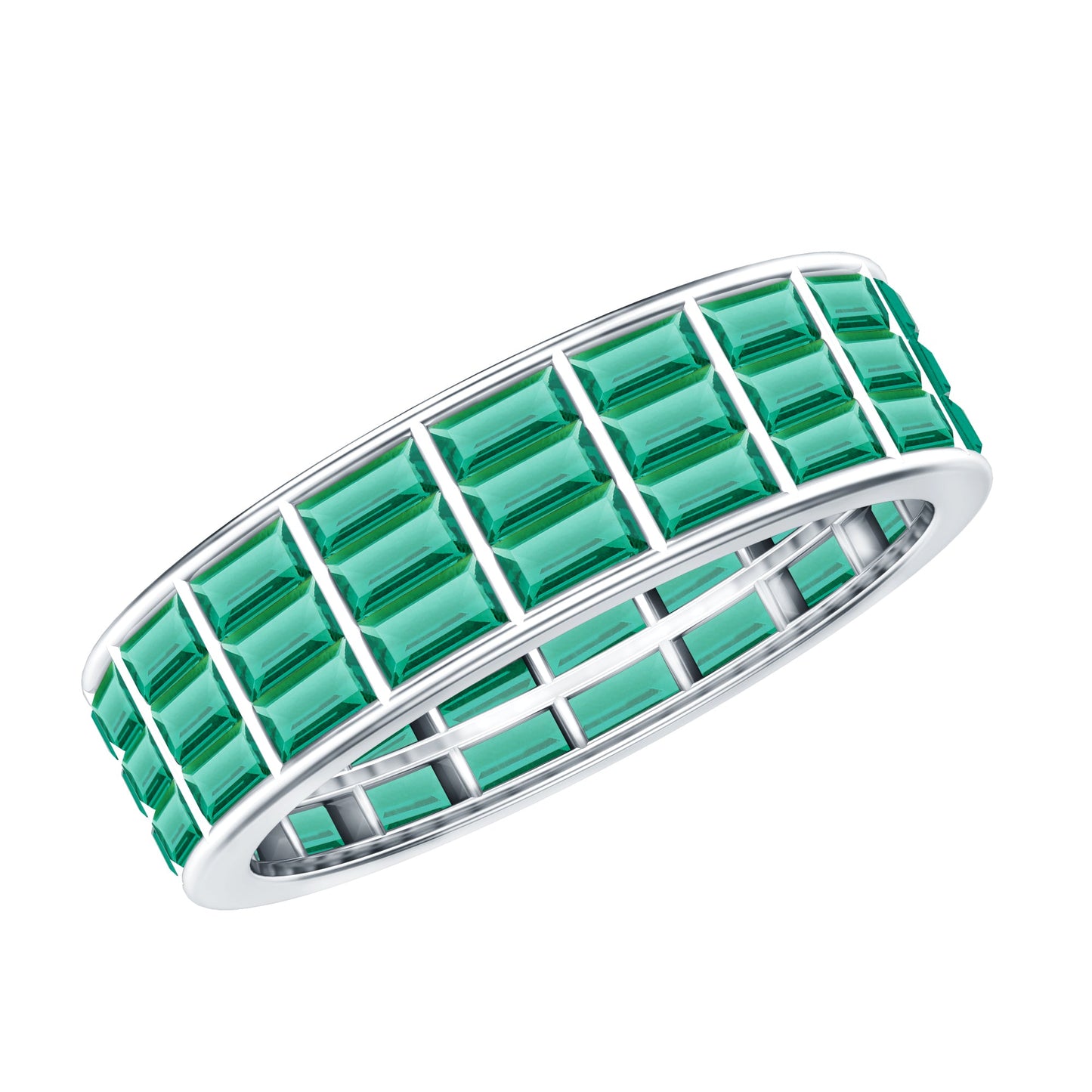 Baguette Cut Lab Grown Emerald 3 Row Eternity Band