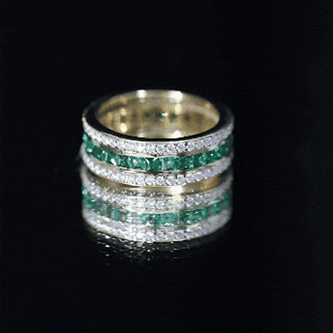 Three Row Lab Created Emerald and Moissanite Wedding Band