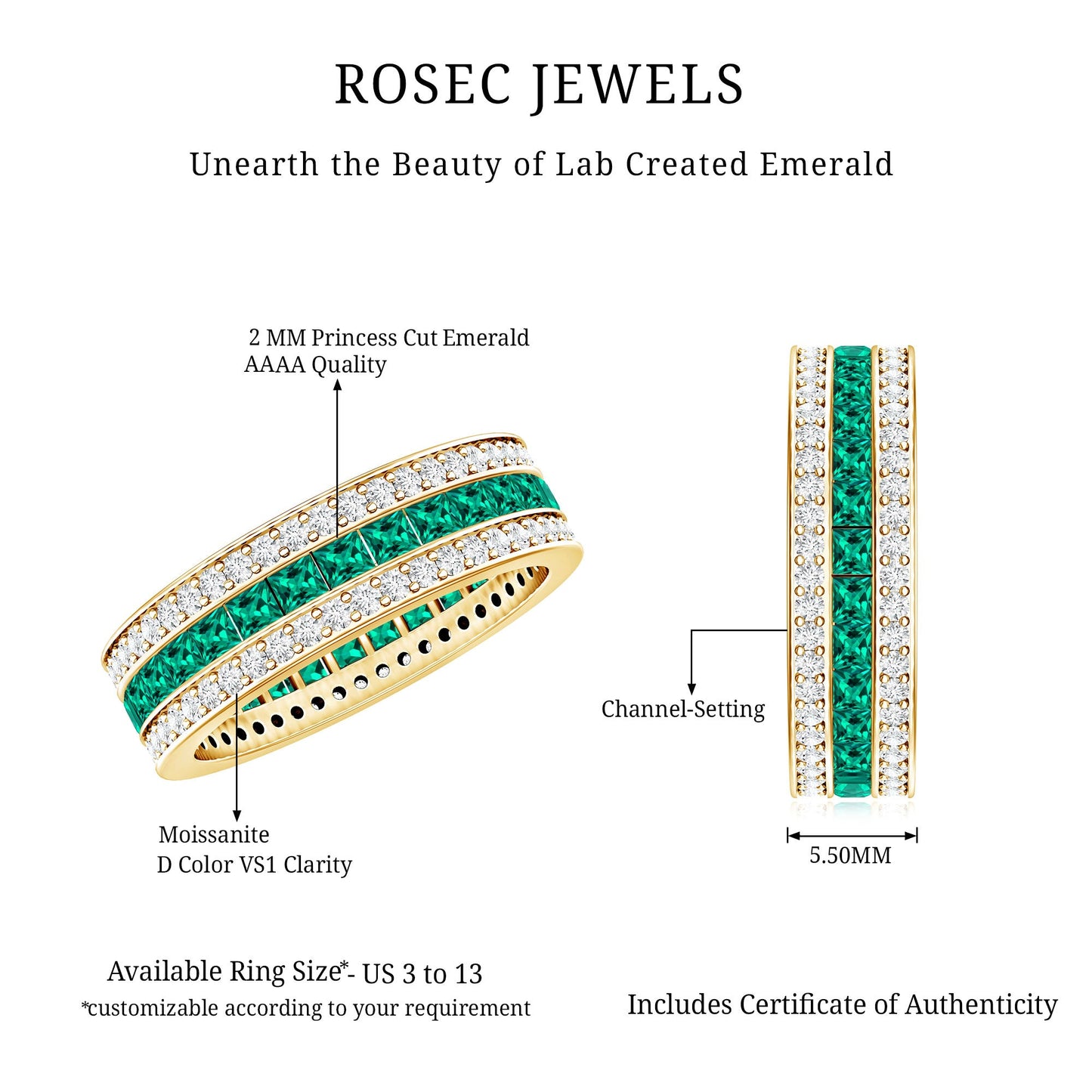 Certified Lab Grown Emerald 3 Row Eternity Wedding Band