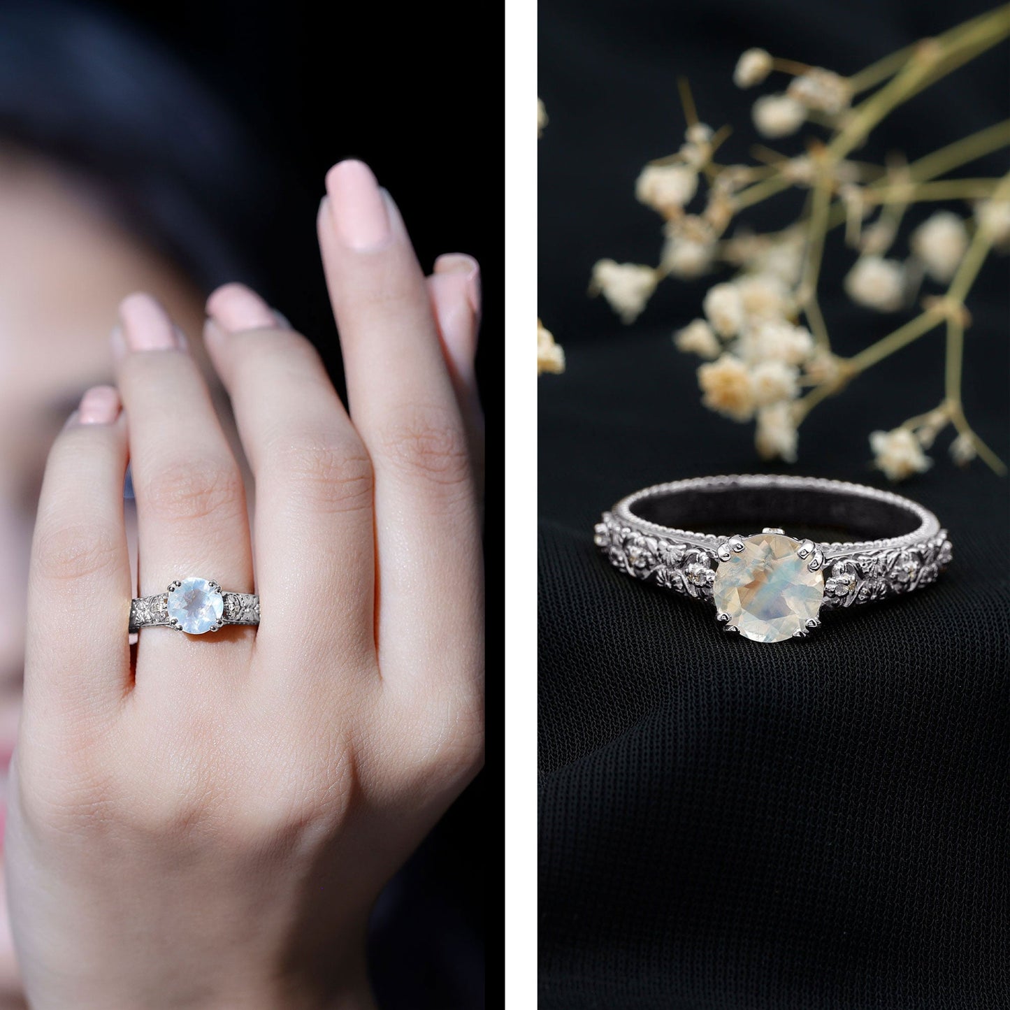 Vintage Style Moonstone and Diamond Flower Engagement Ring